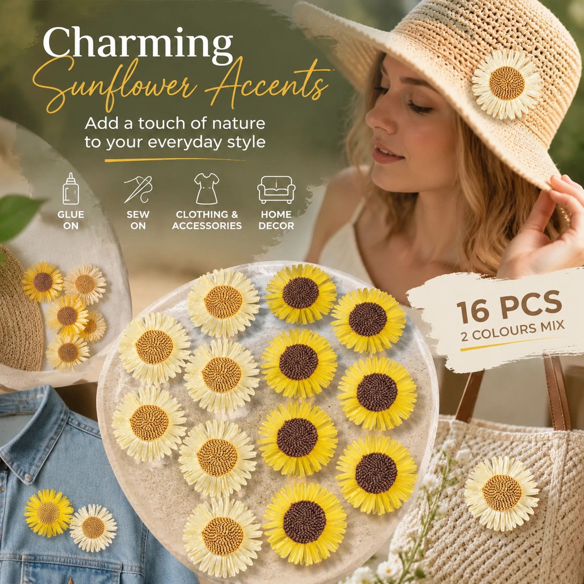 Cream White & Ginger Yellow Mixed Boho Artificial Sunflower Daisy Bag Decor Set of 16 - Image 1