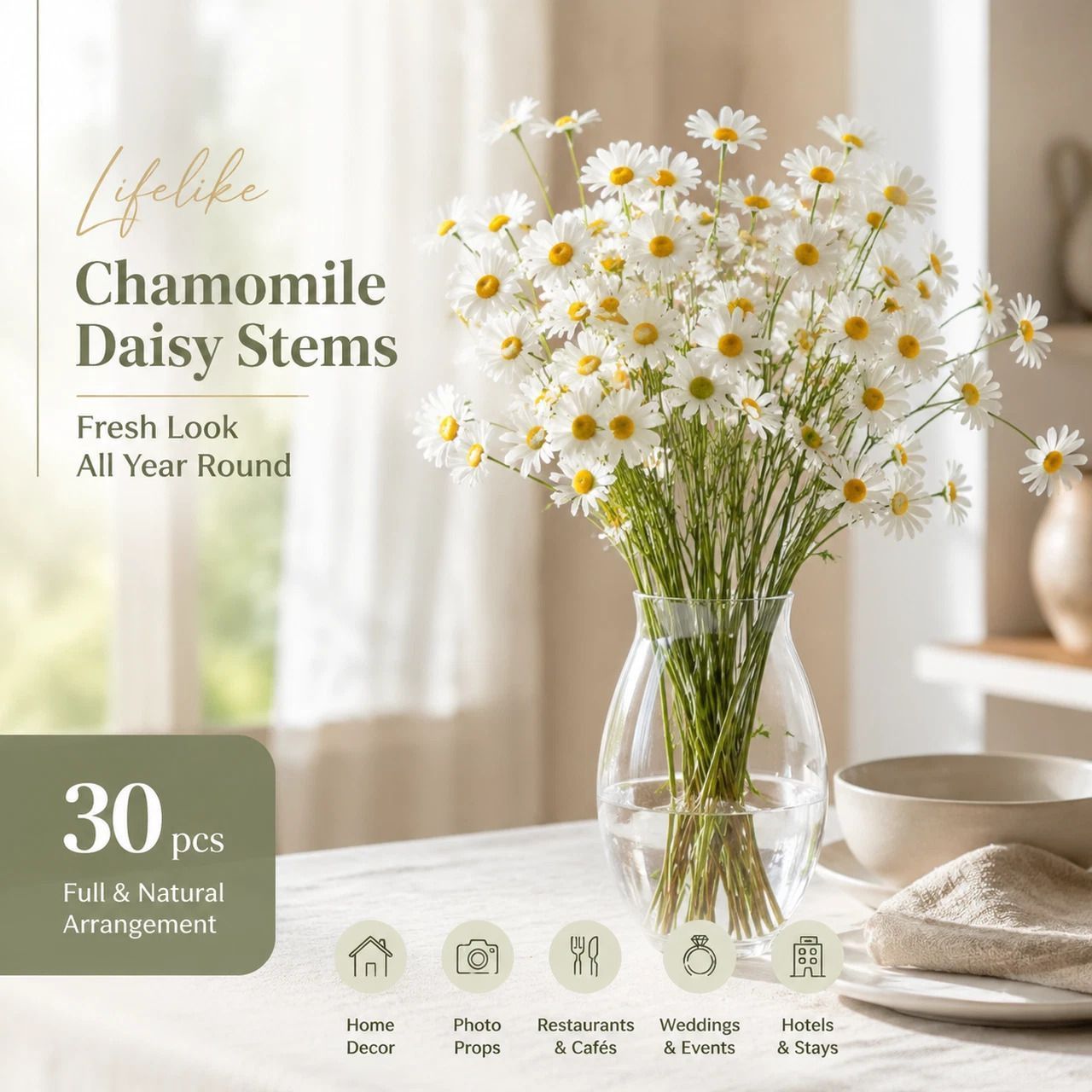 Outback Rural Floral Decor, Artificial Chamomile For Warm Australian Backyard Styling 30 pcs - Image 1