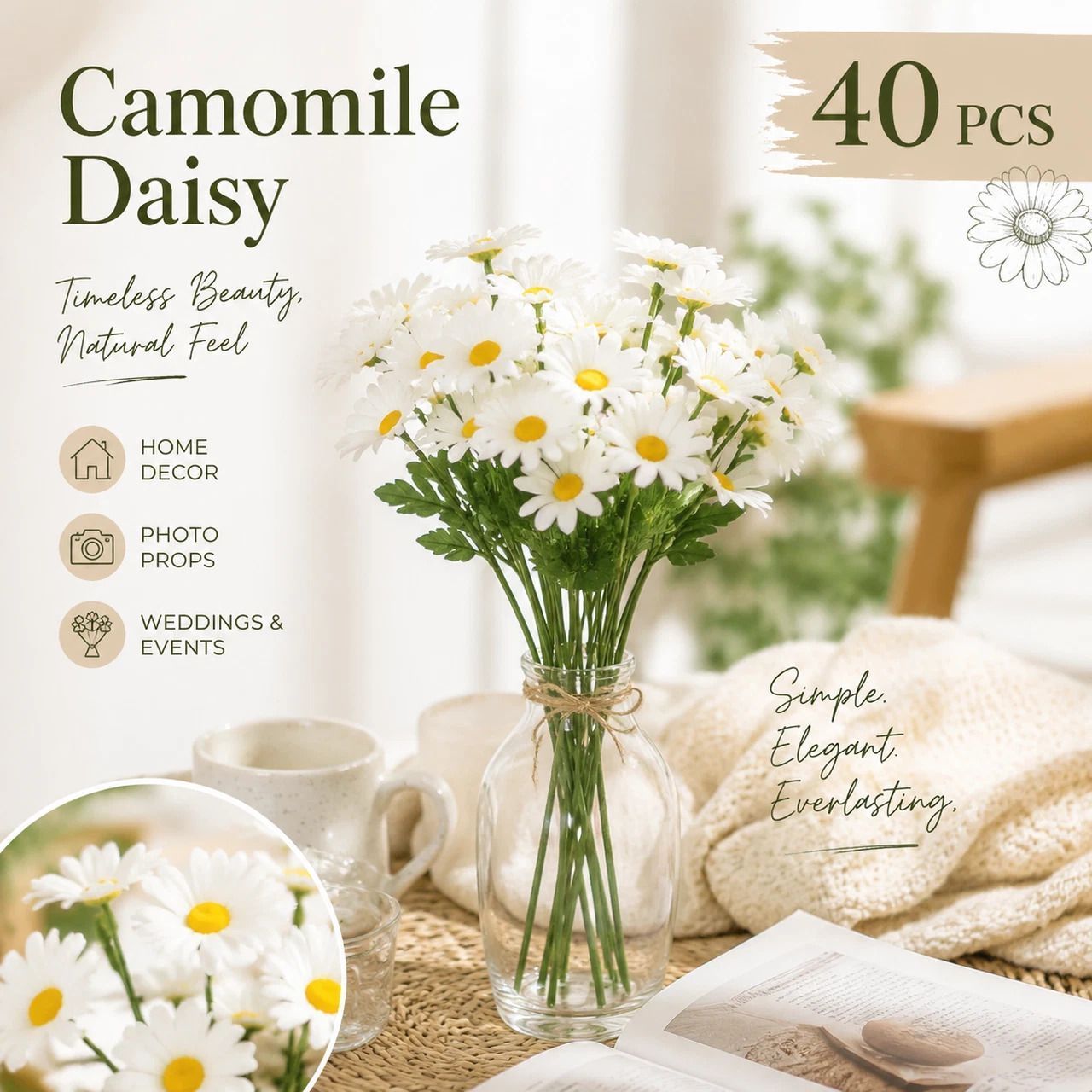 Laid-Back Aussie Lifestyle Fake Chamomile Daisy, Gentle Natural Photo Prop For Home & Cafe 40 pcs - Image 1