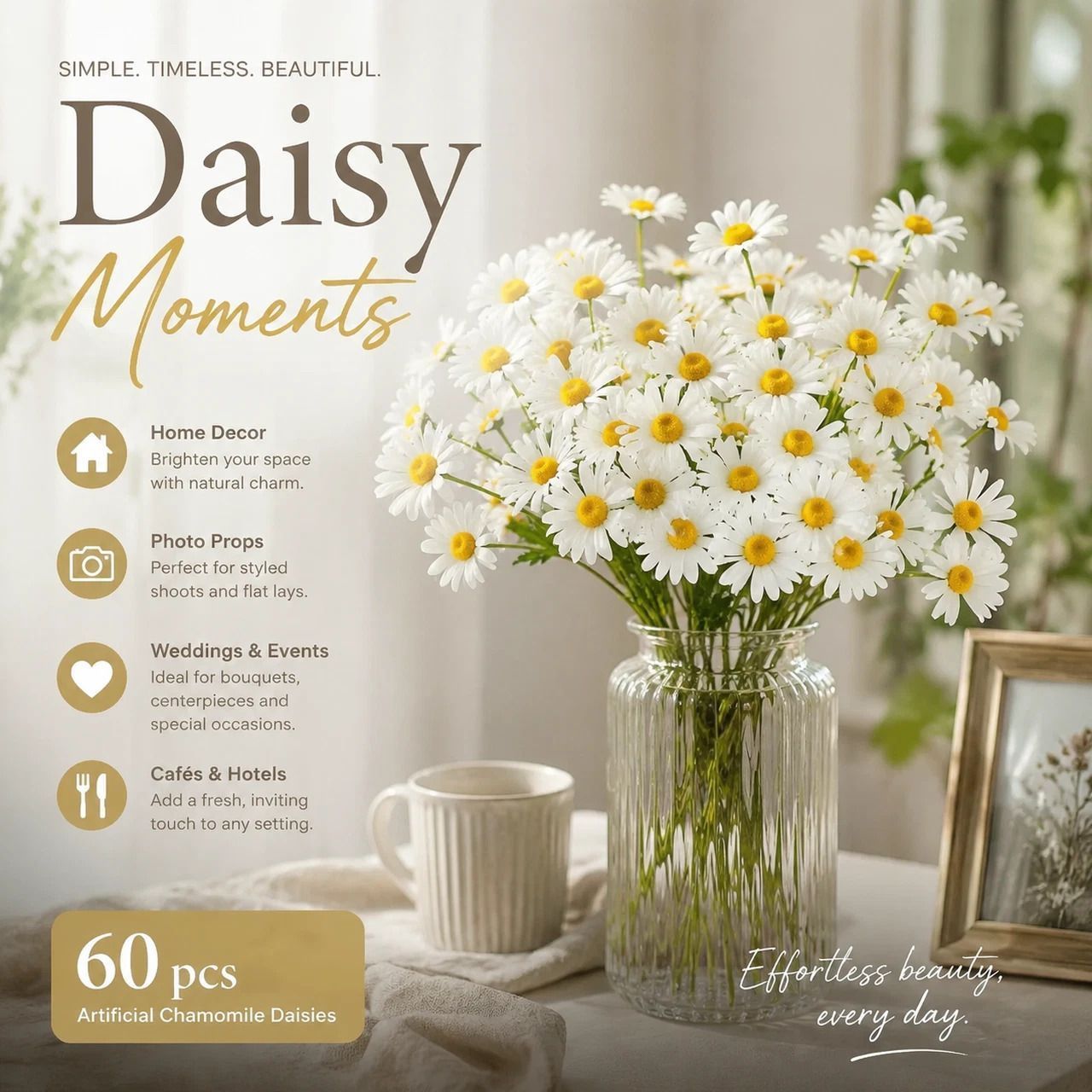 Native Countryside Vibe Artificial Chamomile Daisy, Easy Styling For Australian Household 60 pcs - Image 1