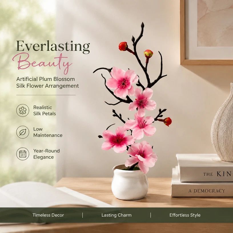 Soft Silk Wintersweet Jar Bonsai Table Decor Pink - Image 1
