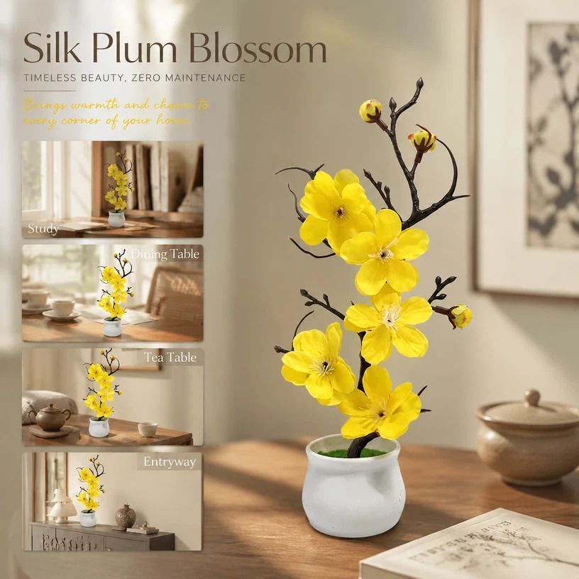 Soft Silk Wintersweet Jar Bonsai Table Decor Yellow - Image 1