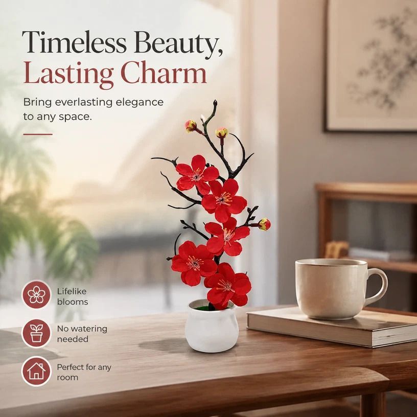 Soft Silk Wintersweet Jar Bonsai Table Decor Red - Image 1
