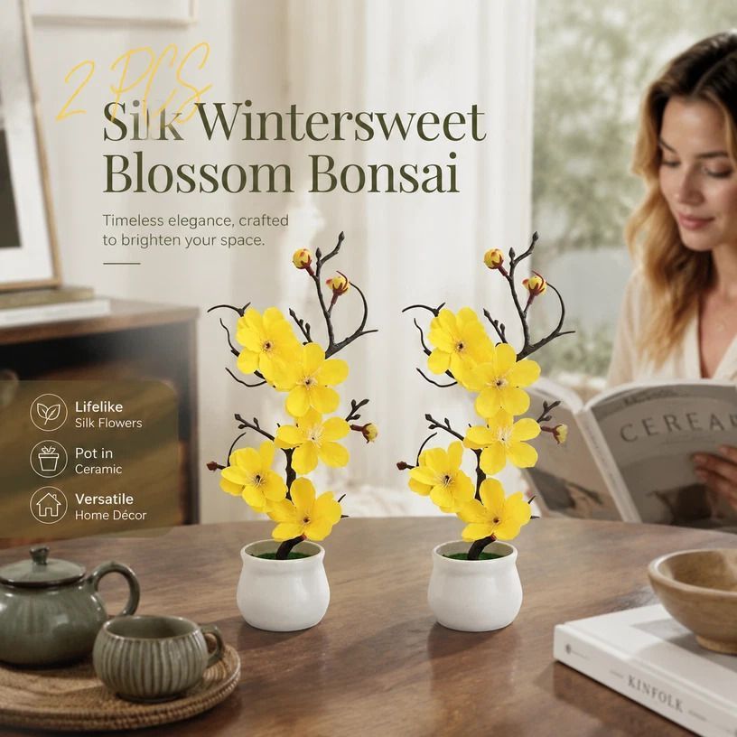 Calming Silk Wintersweet Jar Bonsai Yellow 2 Pack - Image 1