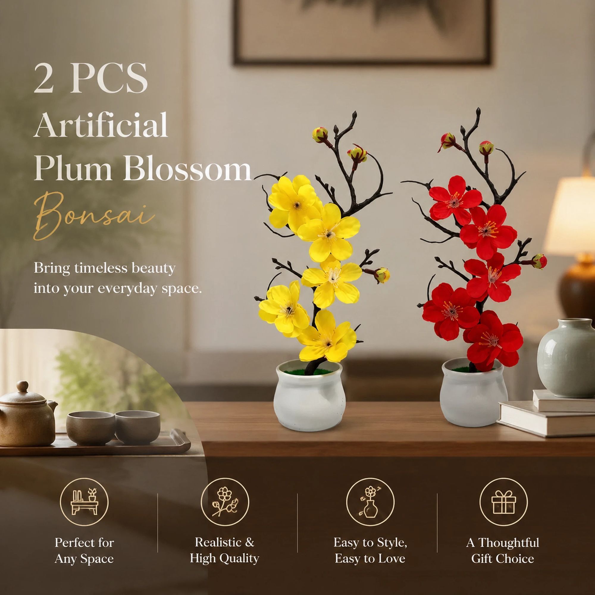 Warm Yellow Pink Wintersweet Jar Bonsai 2 Pack - Image 1