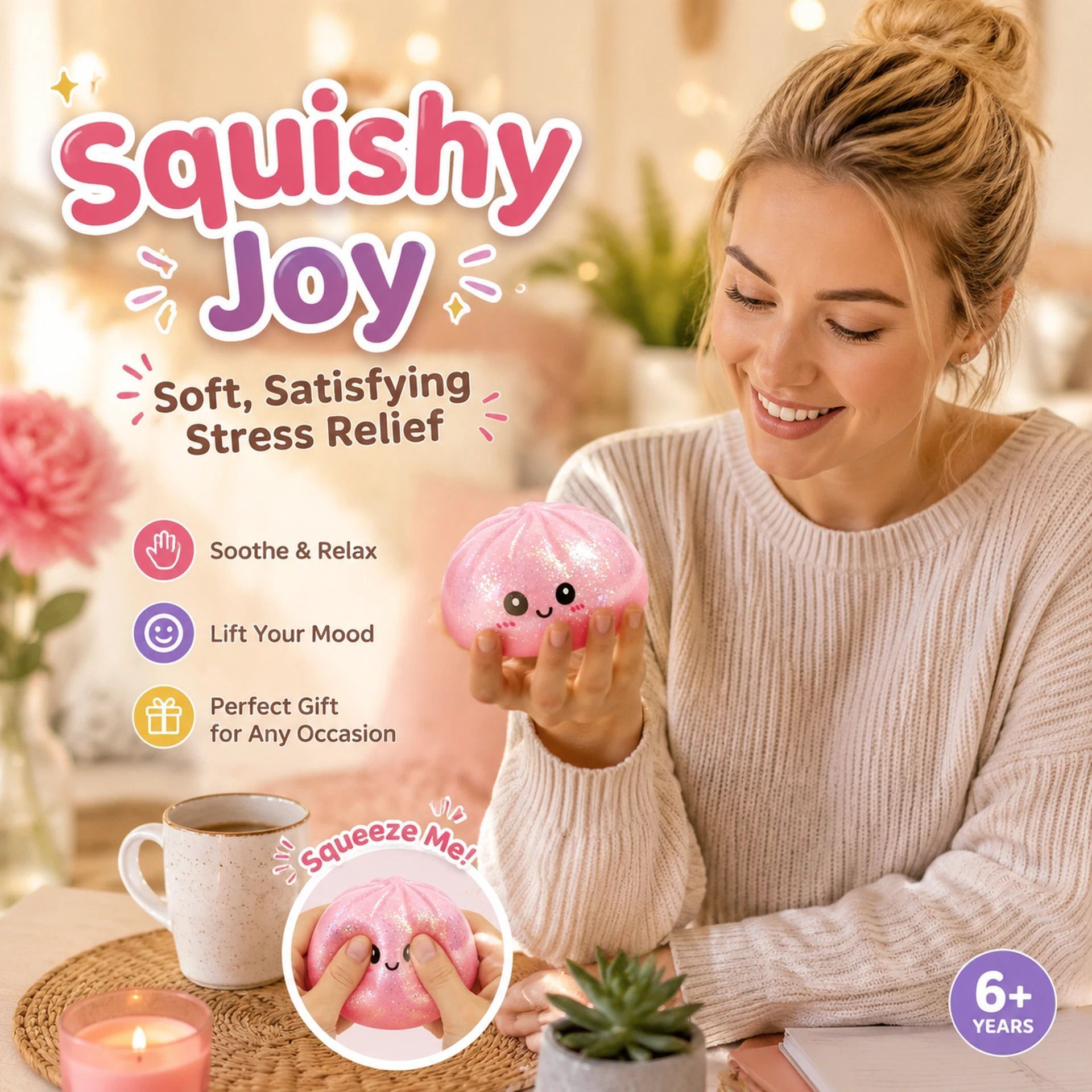 Stress Relief Giant Bun Squishy, Ideal Gift, Glitter Pink - Image 1