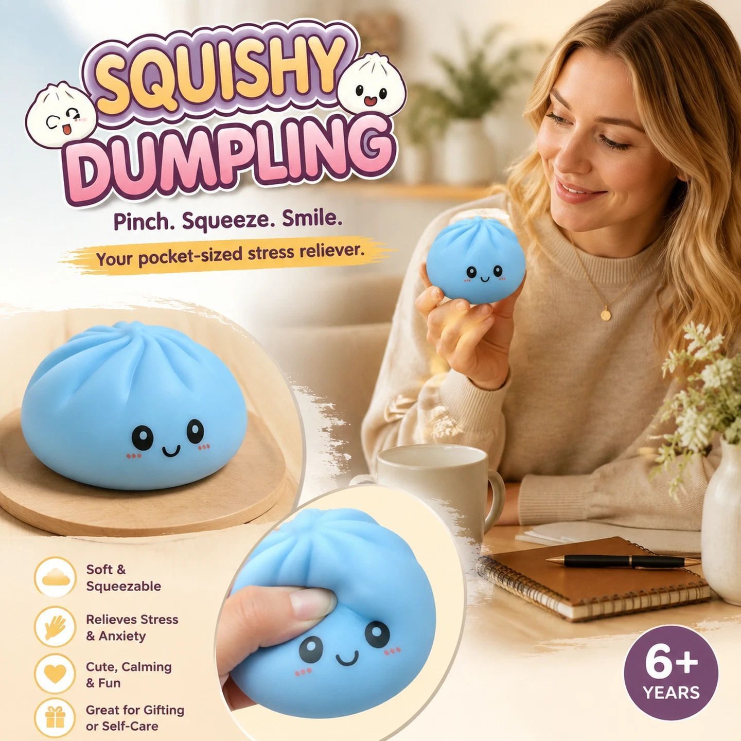 Stress Relief Giant Bun Squishy, Casual Present, Plain Blue - Image 1