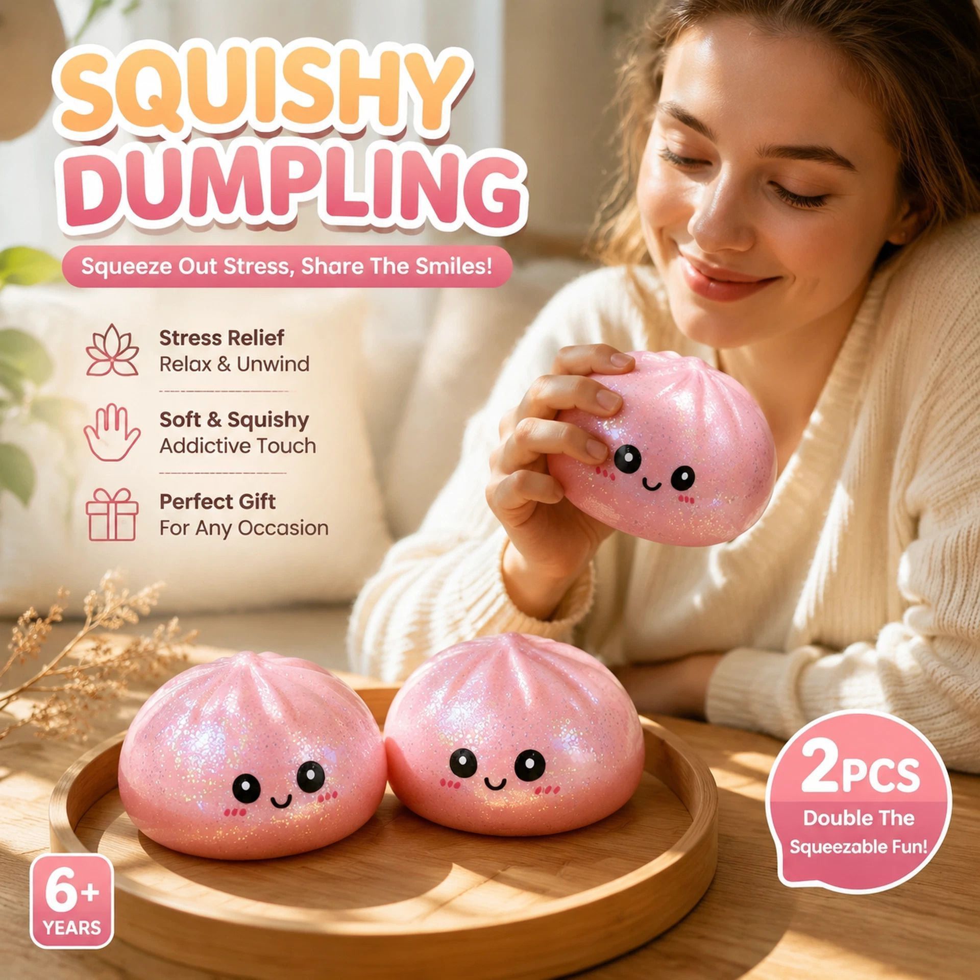 Stress Relief Giant Bun Squishy Glitter Pink 2 Pack, Matching Gift Set - Image 1