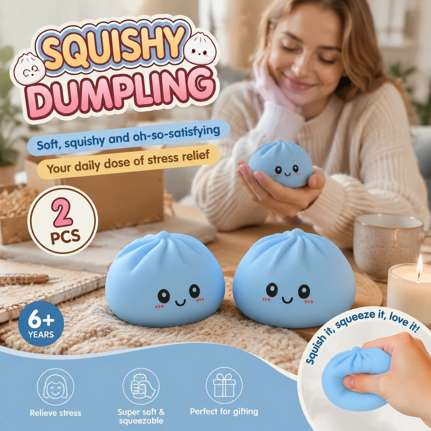 Stress Relief Giant Bun Squishy Plain Blue 2 Pack, Simple Daily Gift - Image 1