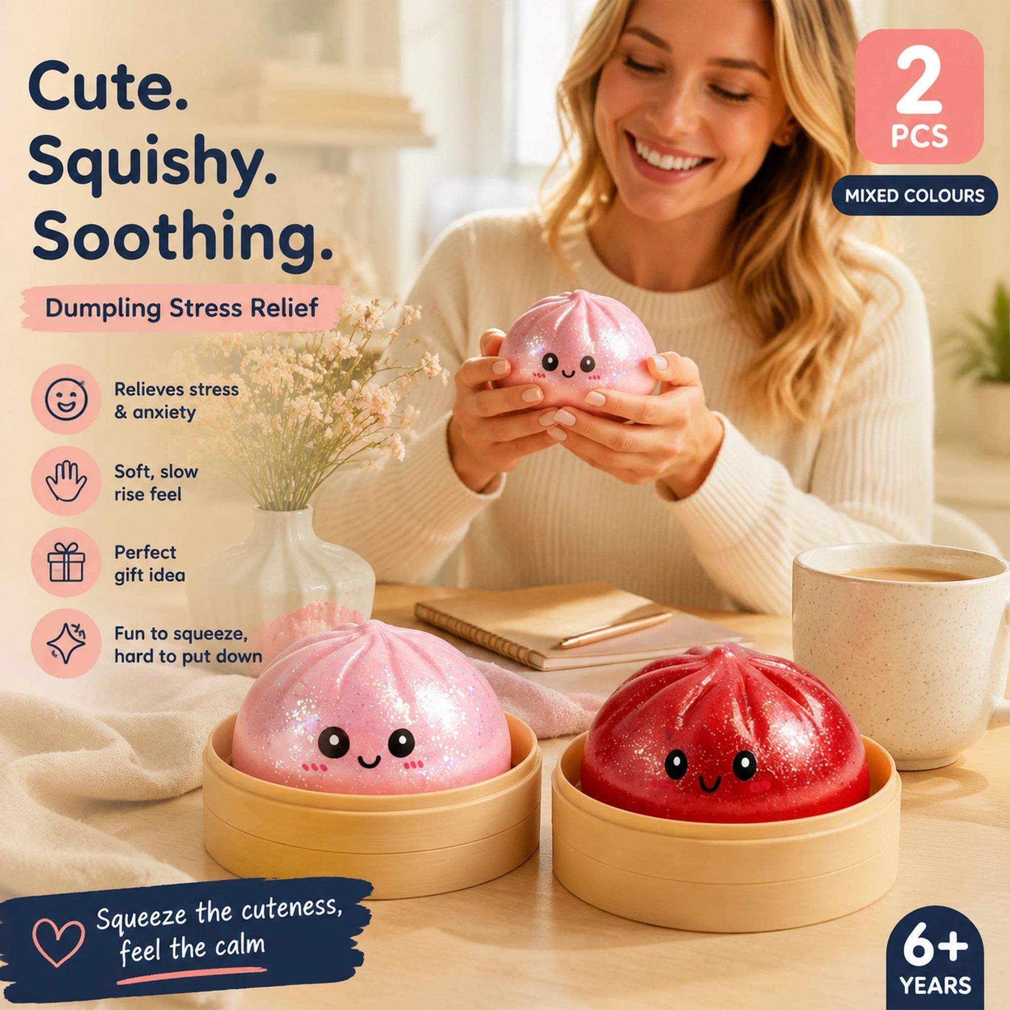 Stress Relief Duo Glitter Pink & Glitter Salmon Pink Bun Squishy 2 Pack, Couple Gift - Image 1