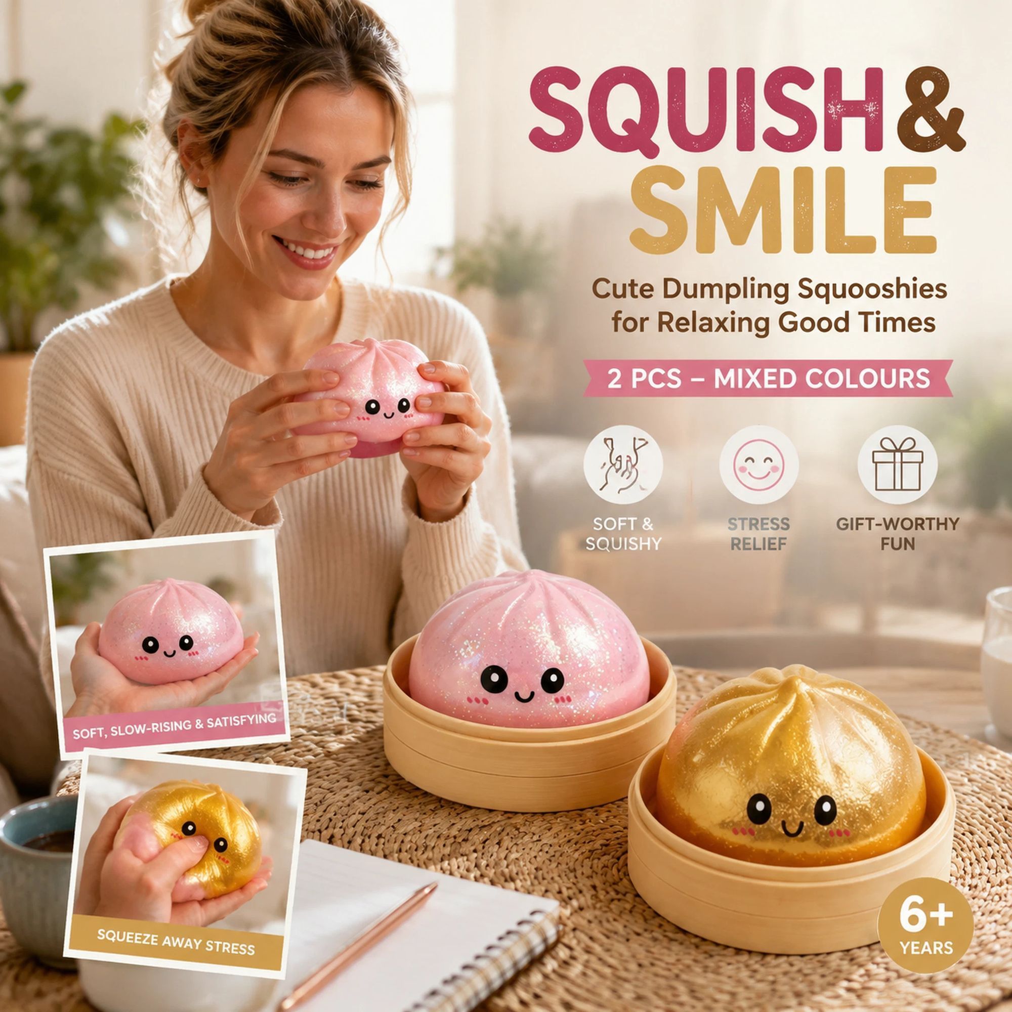 Stress Relief Duo Glitter Pink & Glitter Gold Bun Squishy 2 Pack, Bright Holiday Pair - Image 1