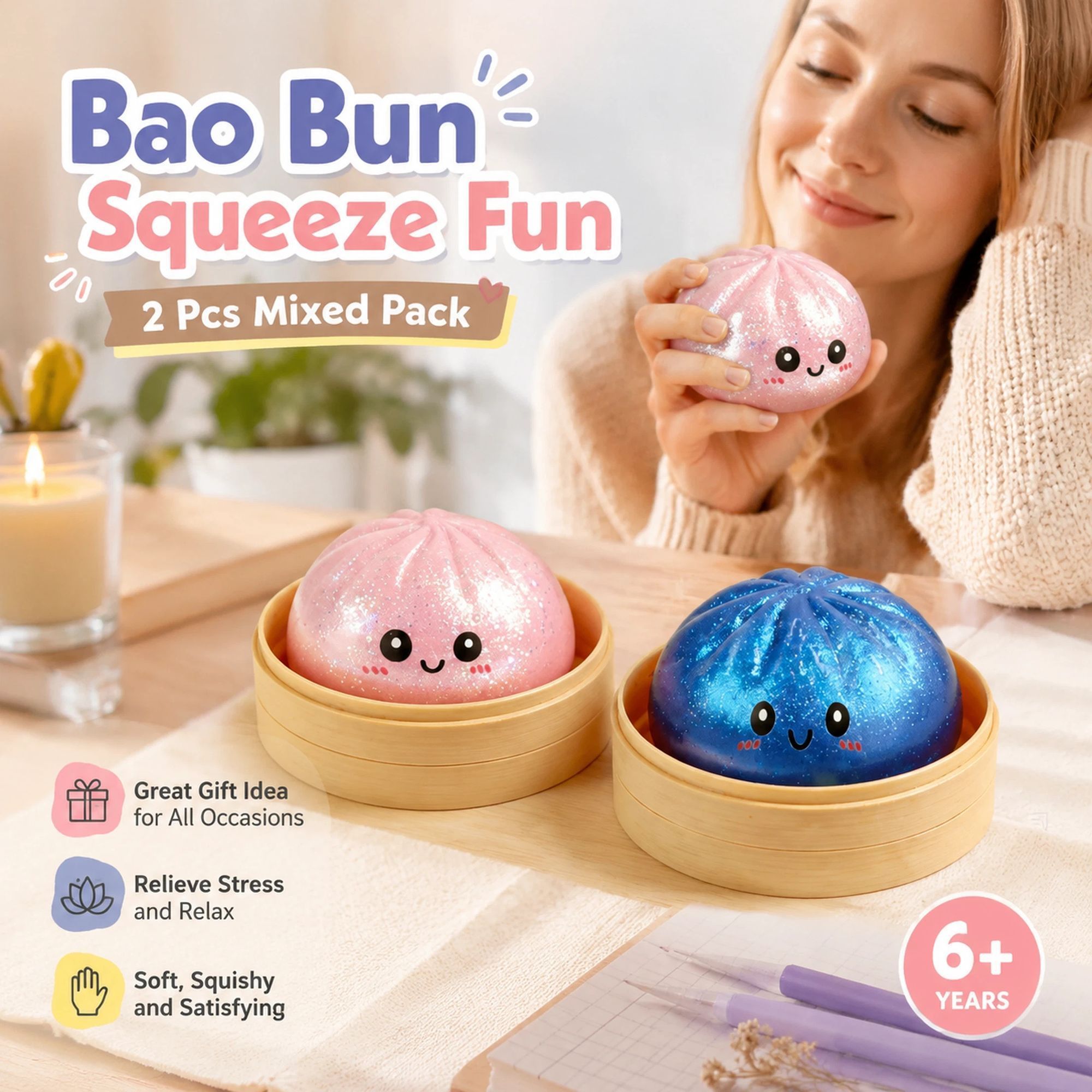 Stress Relief Duo Glitter Pink & Glitter Blue Bun Squishy 2 Pack, Trendy Gift Set - Image 1
