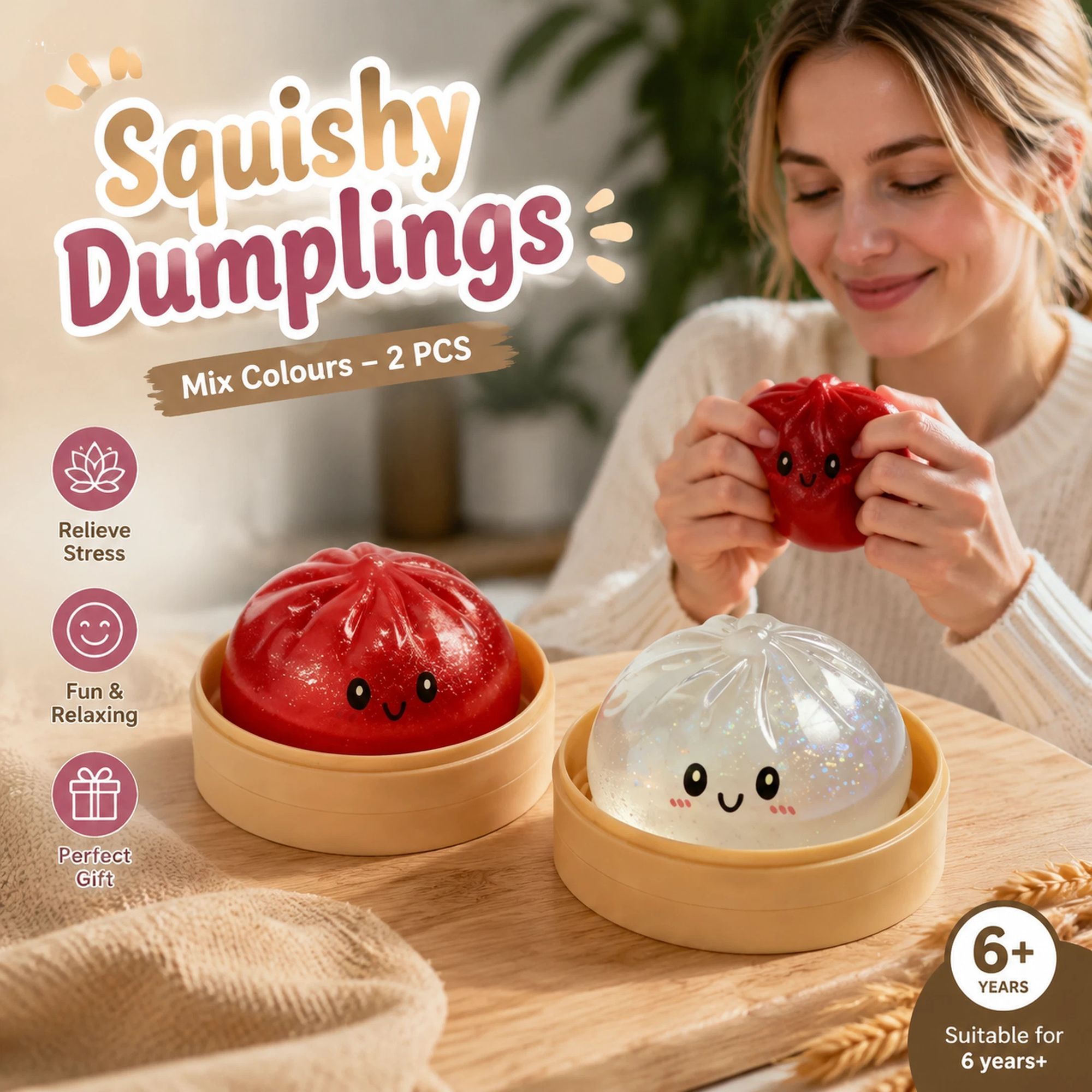 Stress Relief Duo Glitter Salmon Pink & Glitter White Bun Squishy 2 Pack, Warm Festival Pair - Image 1