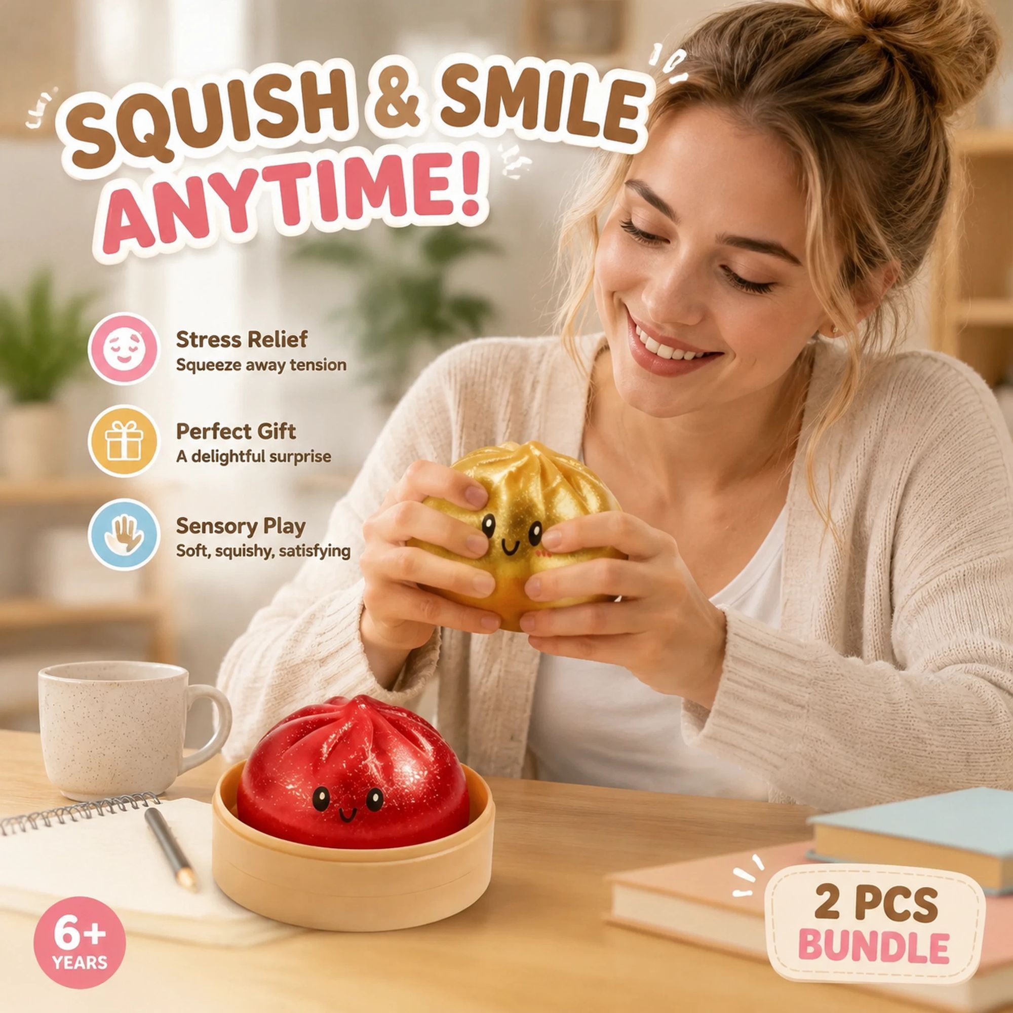 Stress Relief Duo Glitter Salmon Pink & Glitter Gold Bun Squishy 2 Pack, Sunny Birthday Pair - Image 1