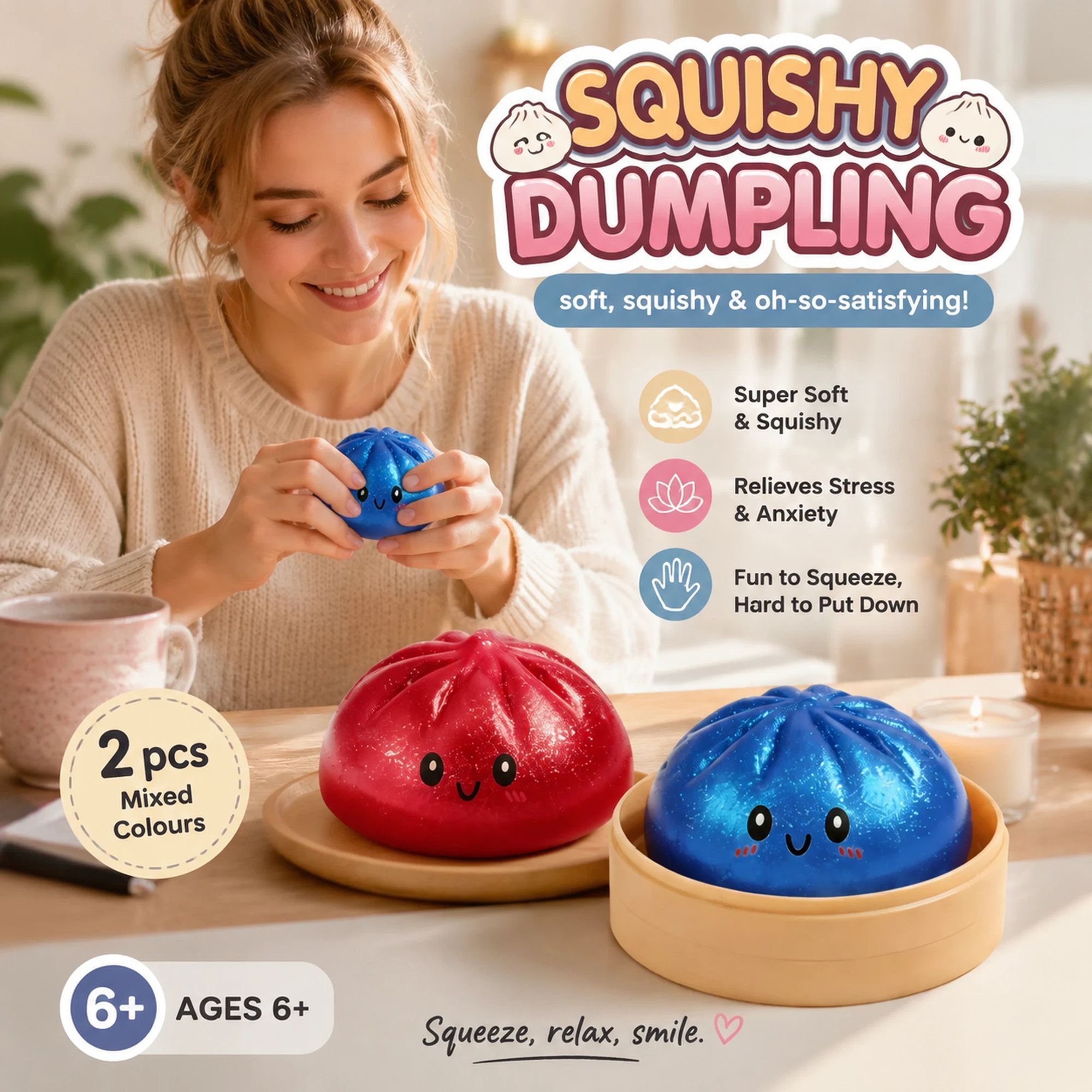 Stress Relief Duo Glitter Salmon Pink & Glitter Blue Bun Squishy 2 Pack, Chill Relax Pair - Image 1