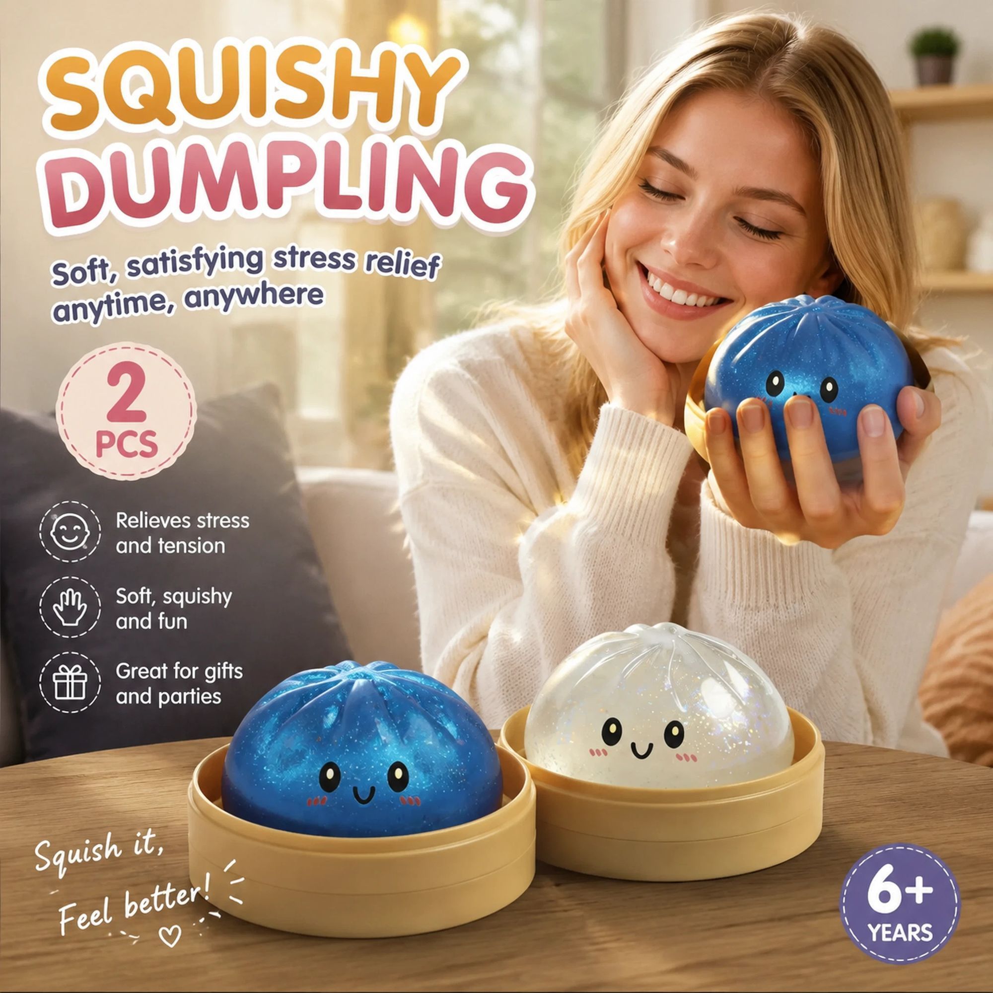 Stress Relief Duo Glitter White & Glitter Blue Bun Squishy 2 Pack, Fresh Holiday Pair - Image 1