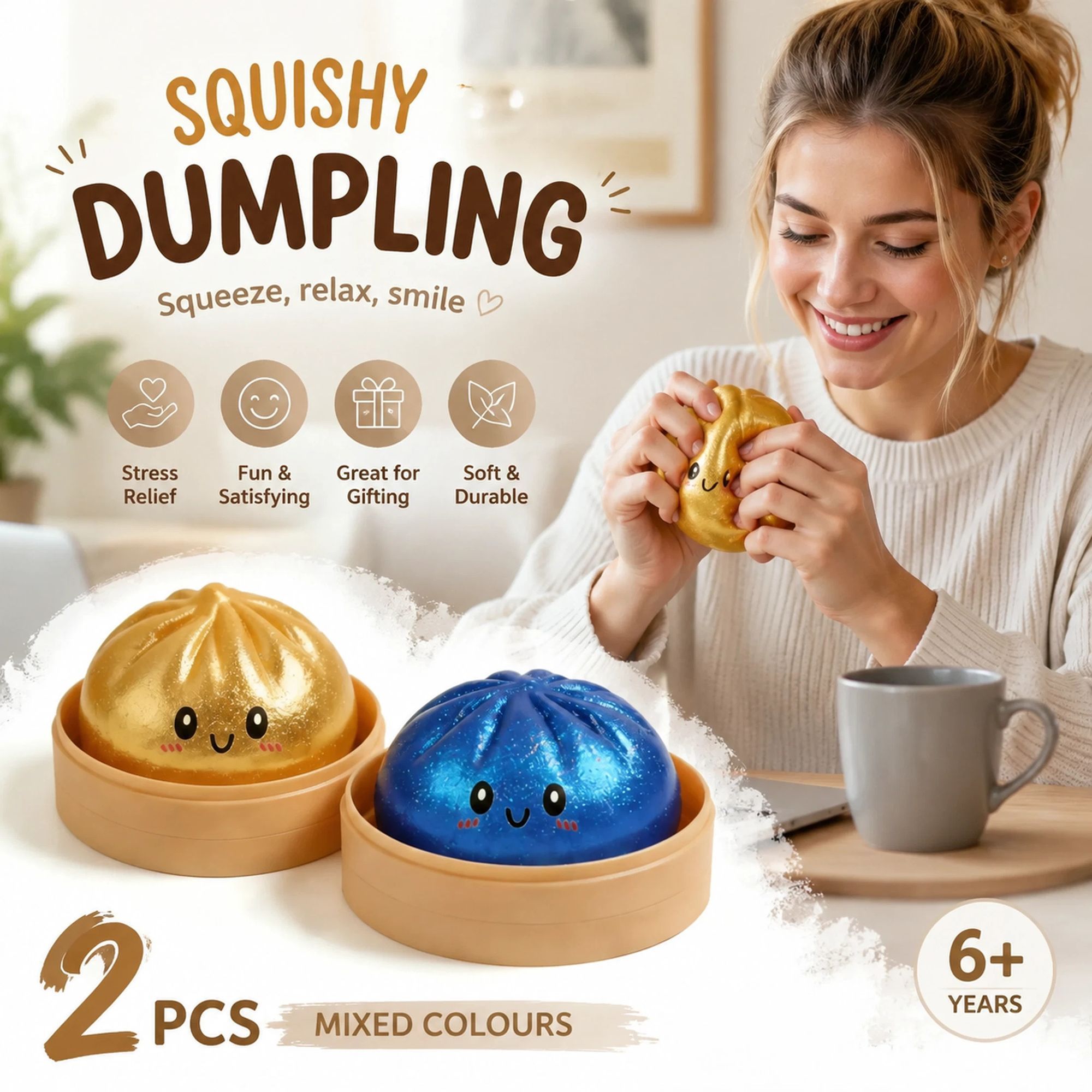 Stress Relief Duo Glitter Gold & Glitter Blue Bun Squishy 2 Pack, Premium Party Pair - Image 1