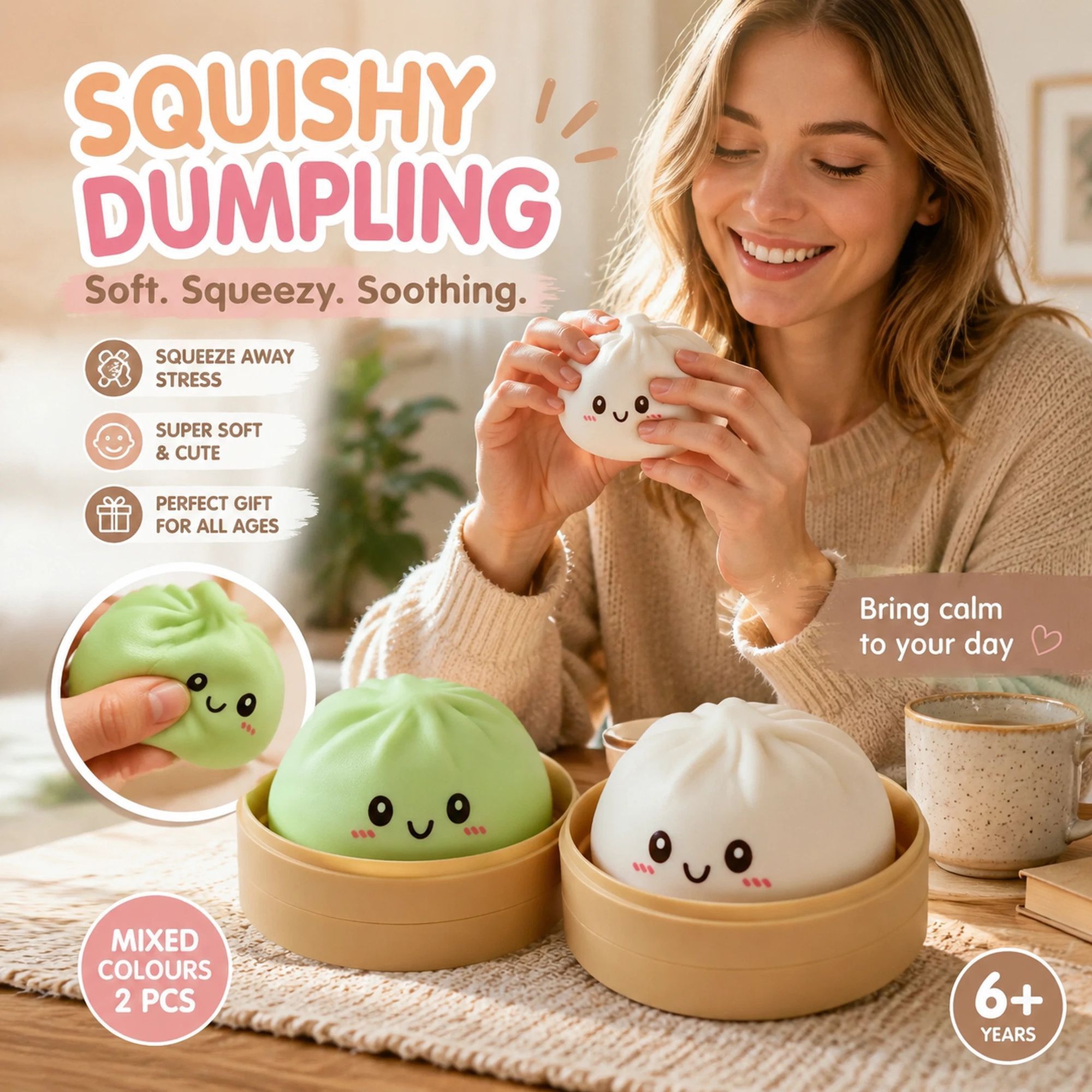 Stress Relief Duo Plain White & Plain Green Bun Squishy 2 Pack, Kid Gift Pair - Image 1