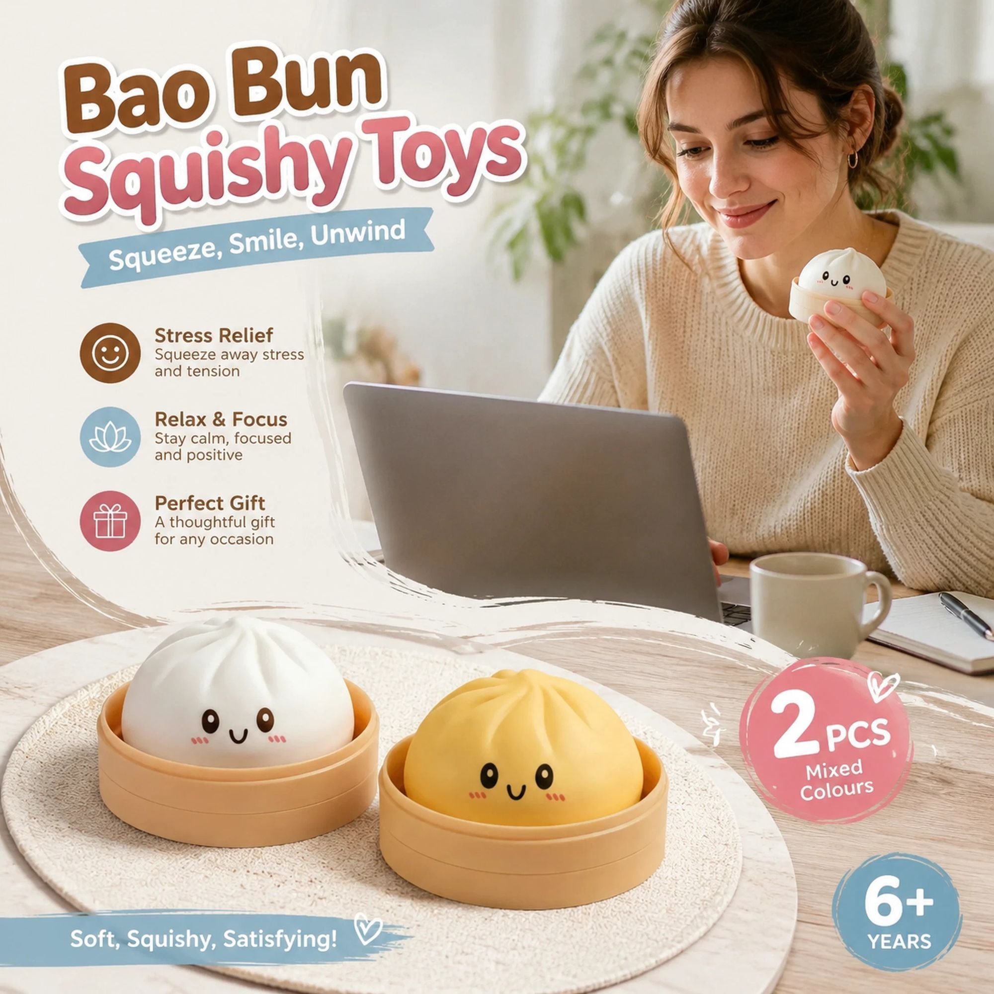 Stress Relief Duo Plain White & Plain Yellow Bun Squishy 2 Pack, Warm Daily Pair - Image 1