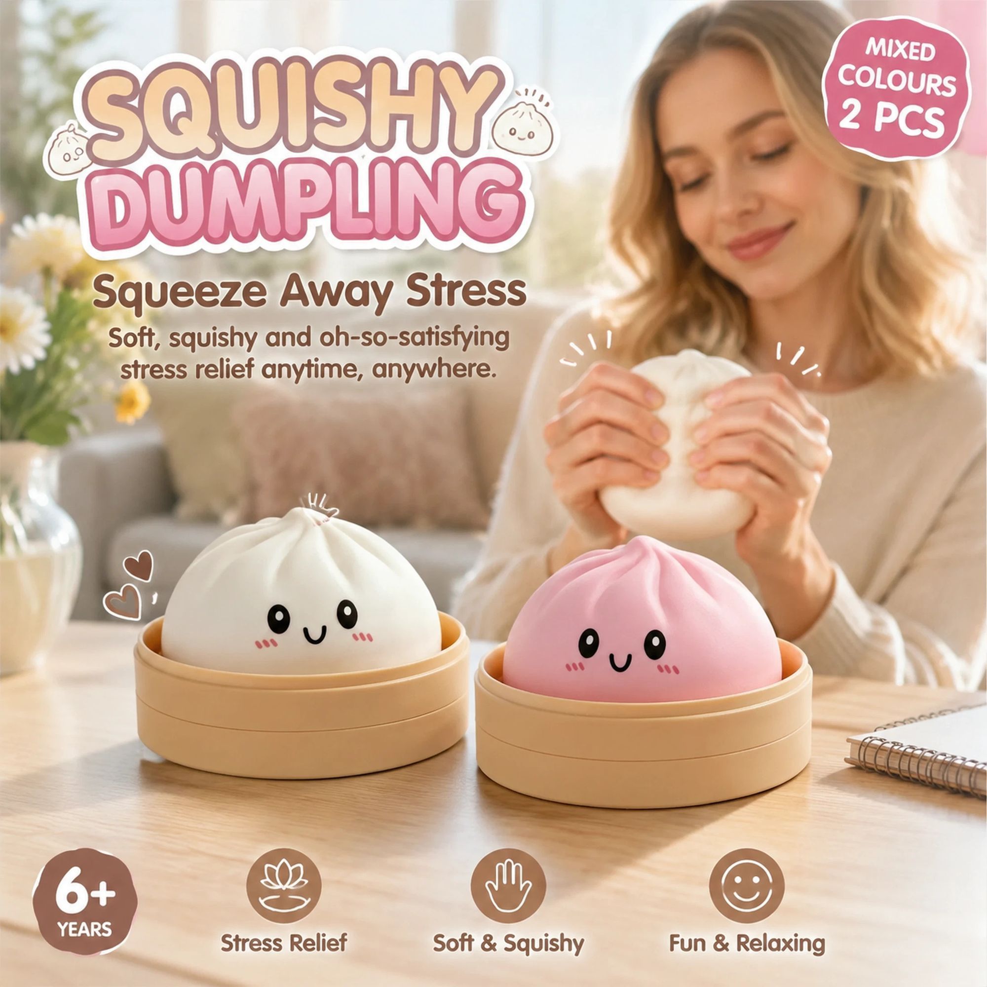 Stress Relief Duo Plain White & Plain Pink Bun Squishy 2 Pack, Soft Festival Pair - Image 1