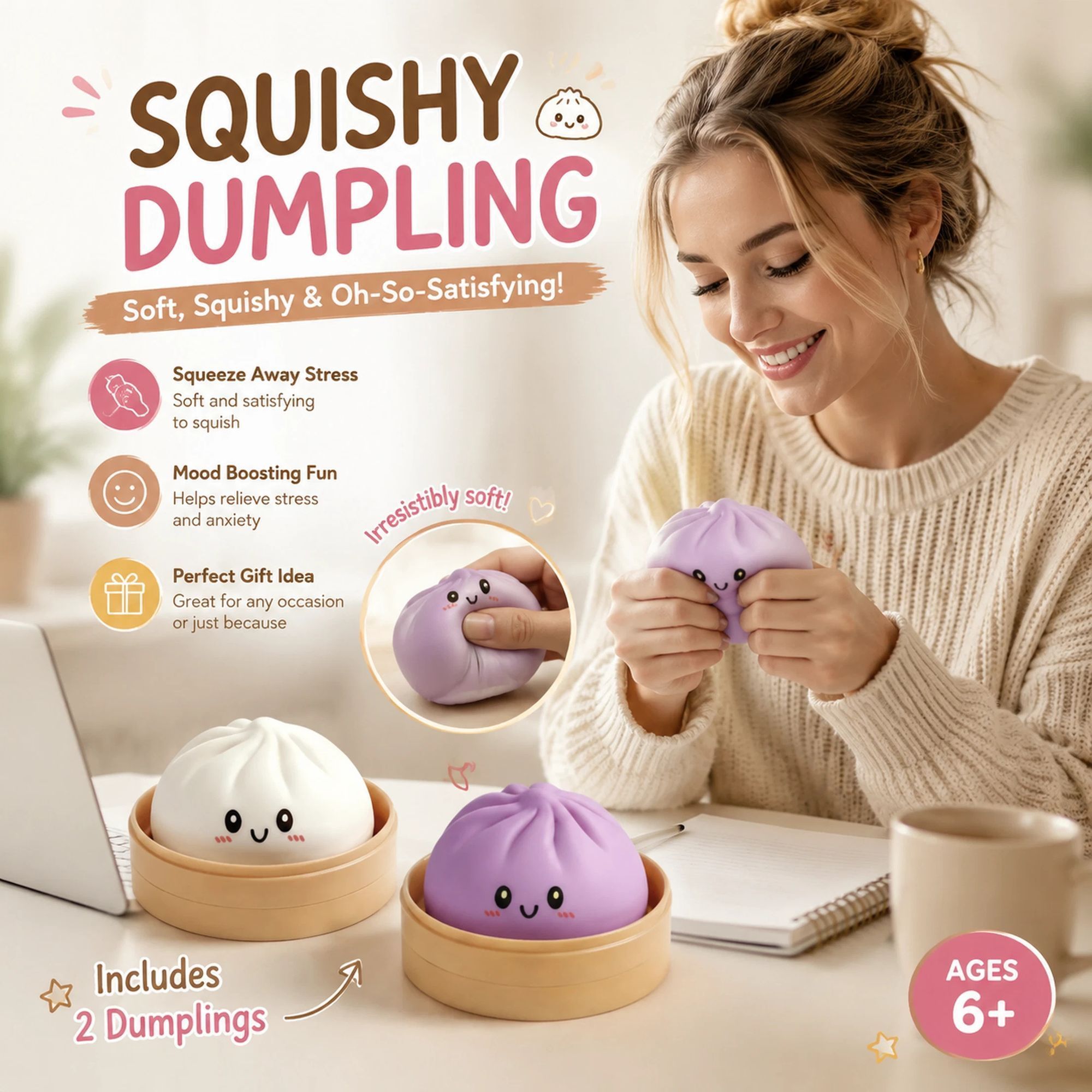 Stress Relief Duo Plain White & Plain Purple Bun Squishy 2 Pack, Muted Relax Pair - Image 1
