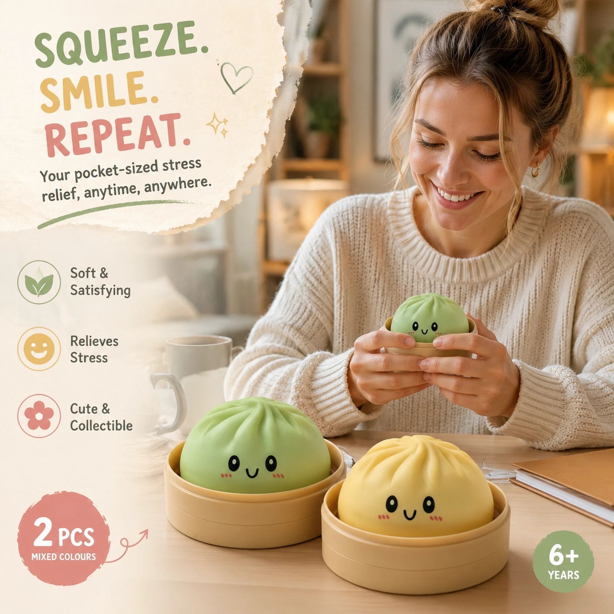 Stress Relief Duo Plain Green & Plain Yellow Bun Squishy 2 Pack, Fresh Holiday Pair - Image 1