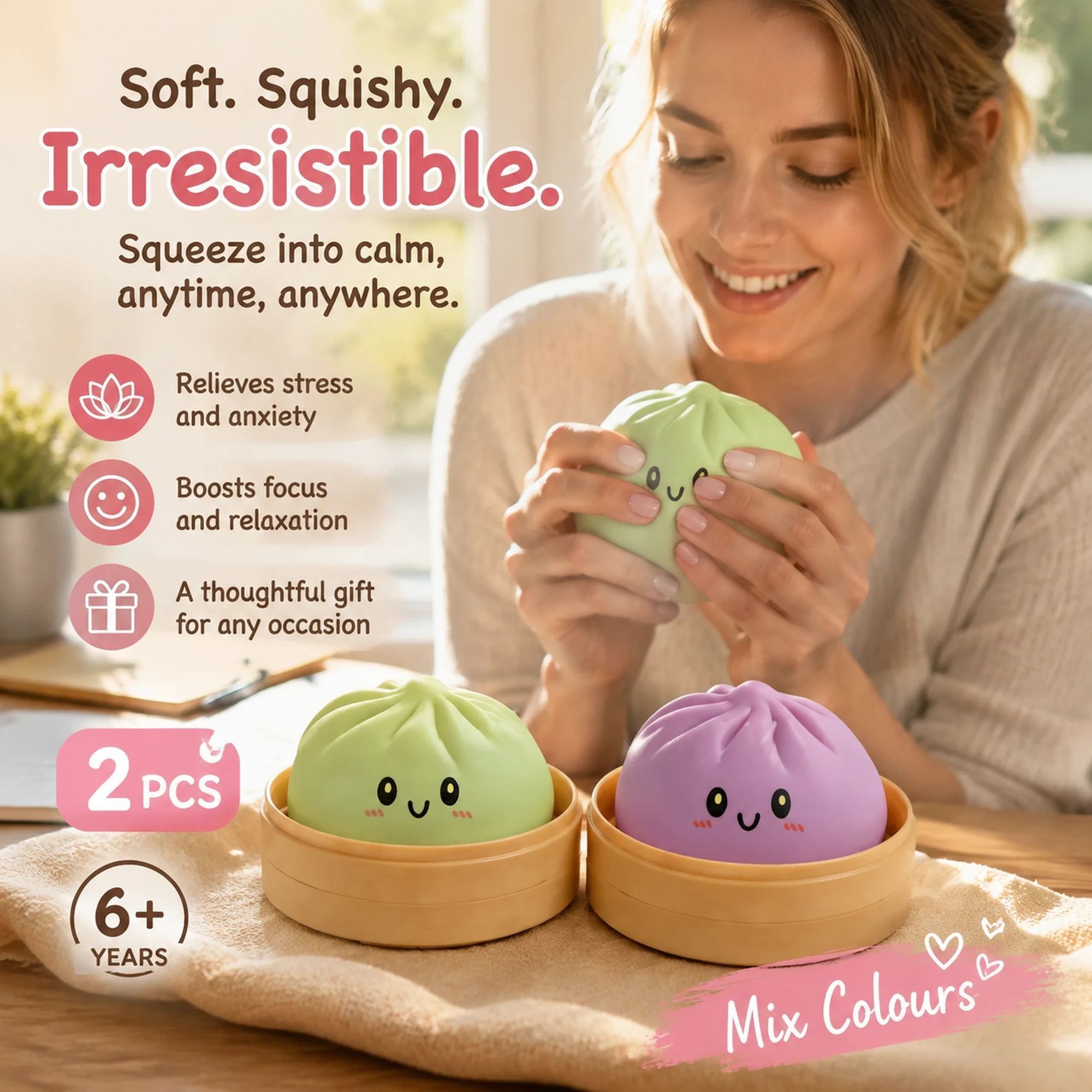 Stress Relief Duo Plain Green & Plain Purple Bun Squishy 2 Pack, Gentle Souvenir Pair - Image 1