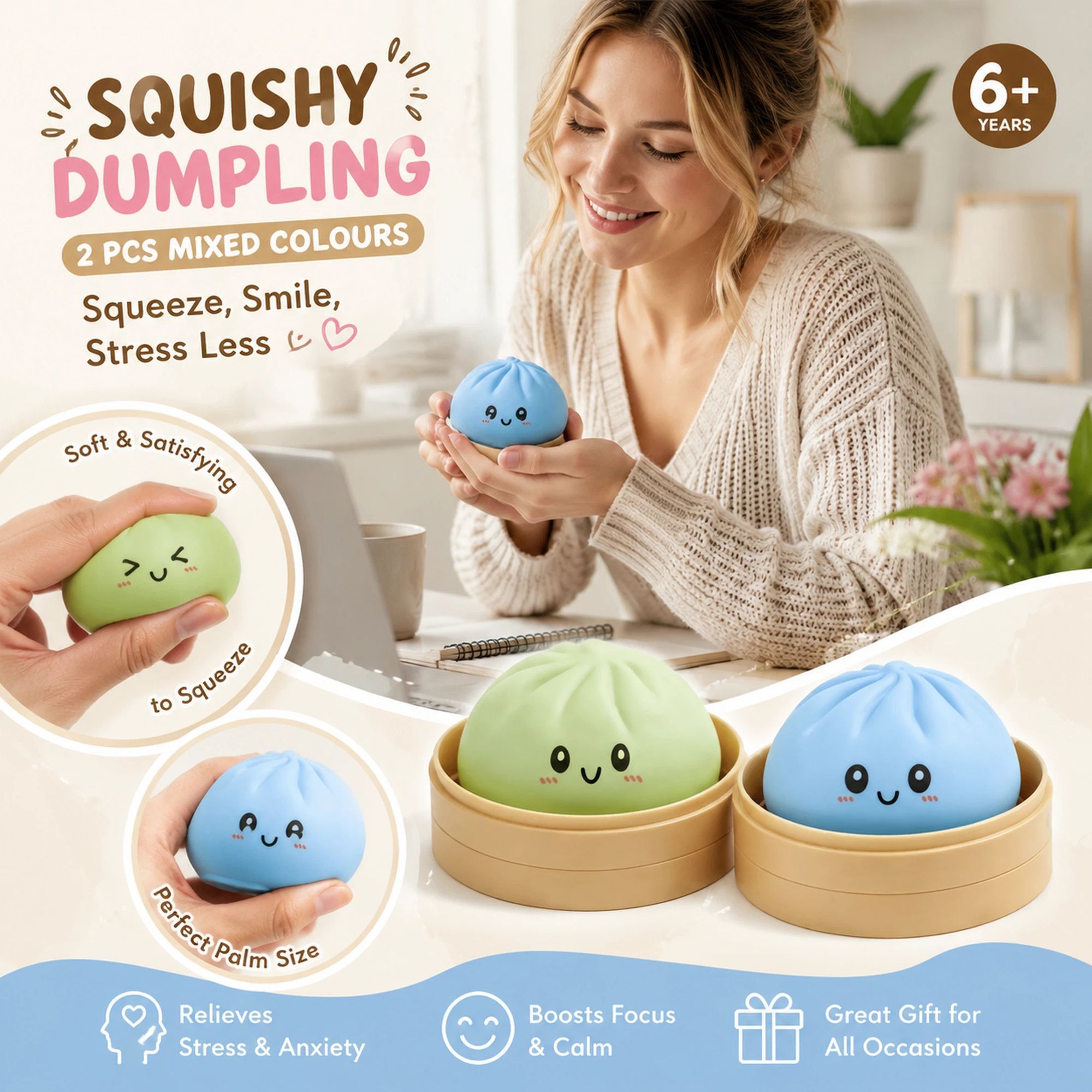 Stress Relief Duo Plain Green & Plain Blue Bun Squishy 2 Pack, Aqua Kid Pair - Image 1