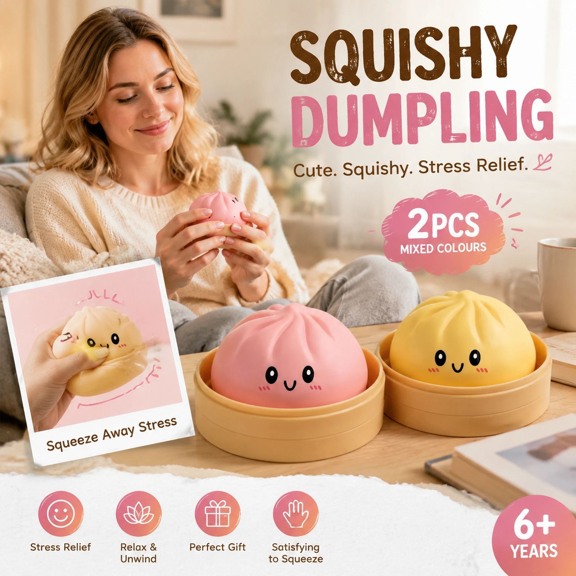 Stress Relief Duo Plain Yellow & Plain Pink Bun Squishy 2 Pack, Bright Festival Pair - Image 1