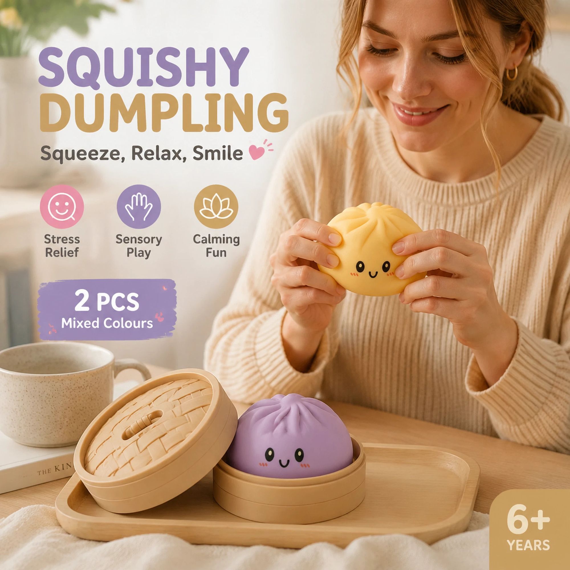 Stress Relief Duo Plain Yellow & Plain Purple Bun Squishy 2 Pack, Soft Calming Pair - Image 1