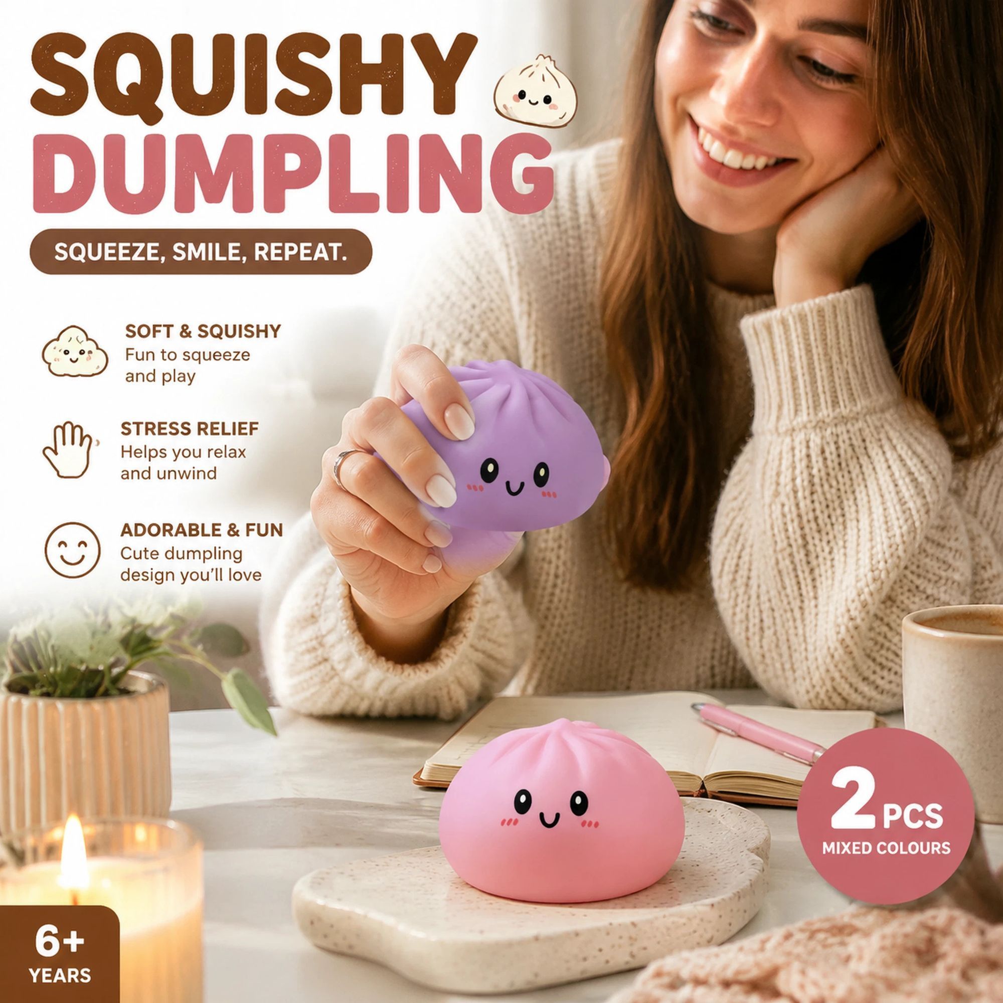 Stress Relief Duo Plain Pink & Plain Purple Bun Squishy 2 Pack, Dreamy Party Pair - Image 1