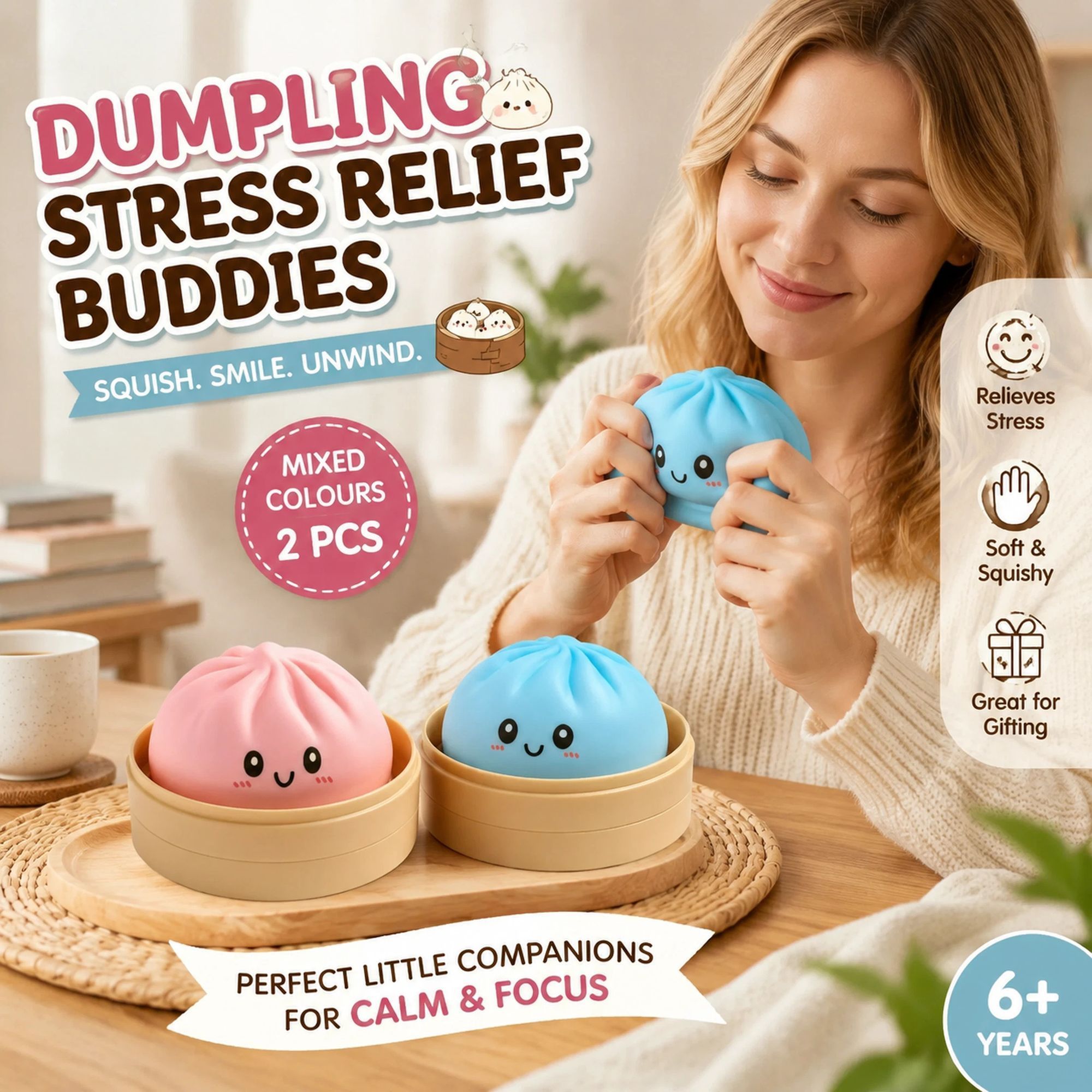 Stress Relief Duo Plain Pink & Plain Blue Bun Squishy 2 Pack, Cool Pastel Pair - Image 1