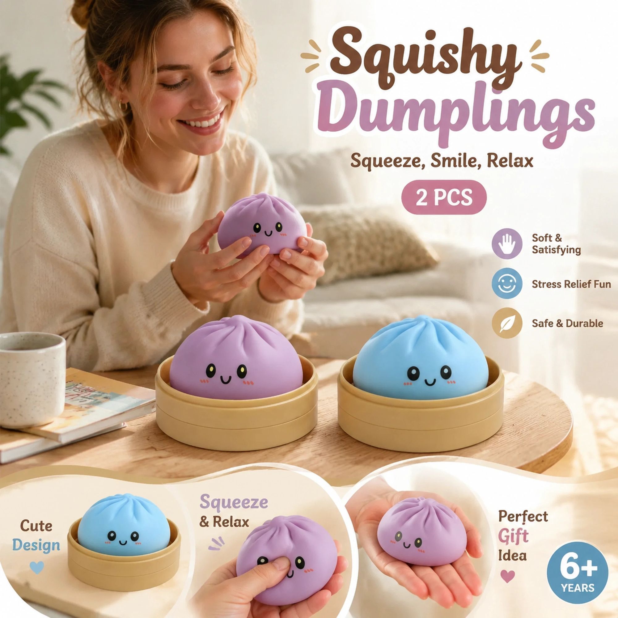 Stress Relief Duo Plain Purple & Plain Blue Bun Squishy 2 Pack, Quiet Daily Pair - Image 1