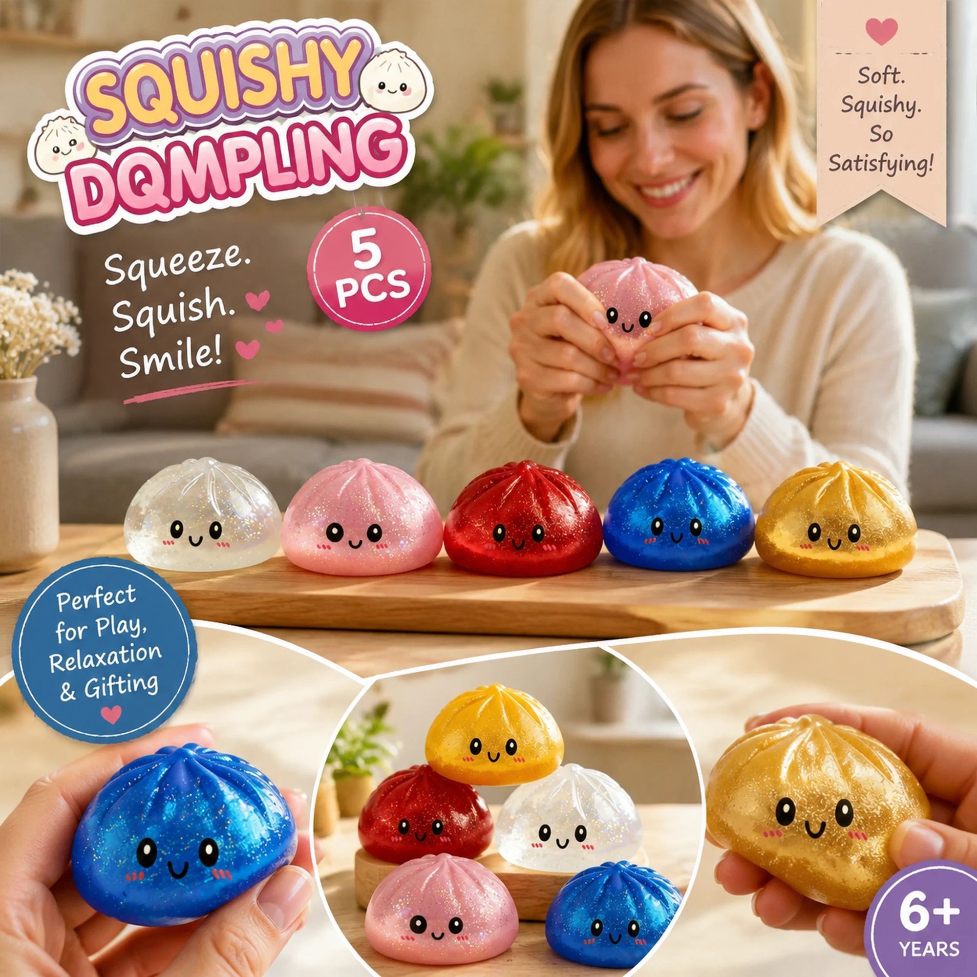Stress Relief 5-Colour Glitter Mix Bun Squishy 5 Pack, Complete Holiday Gift Kit - Image 1