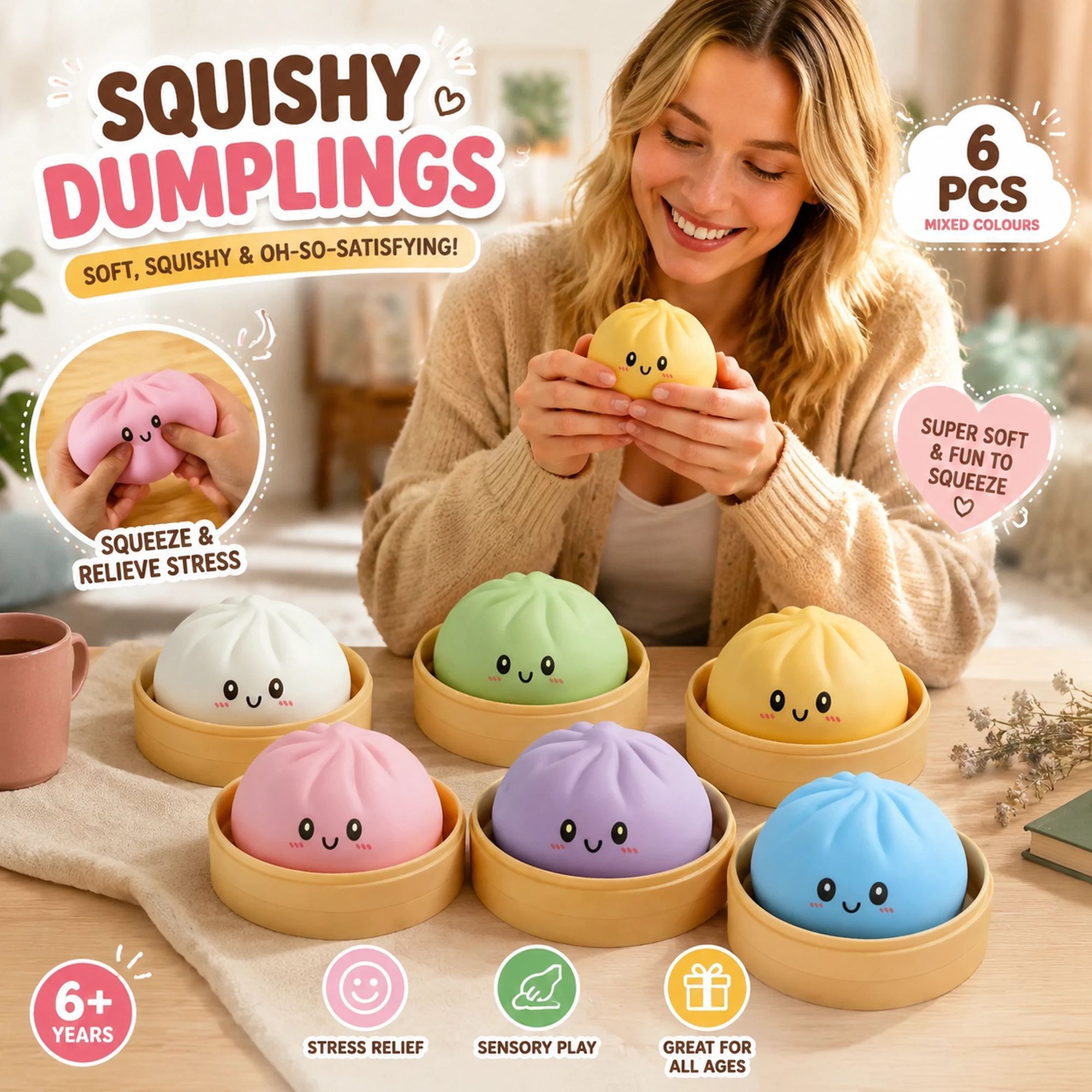 Stress Relief 6-Colour Solid Mix Bun Squishy 6 Pack, All-in-One Birthday Kit - Image 1
