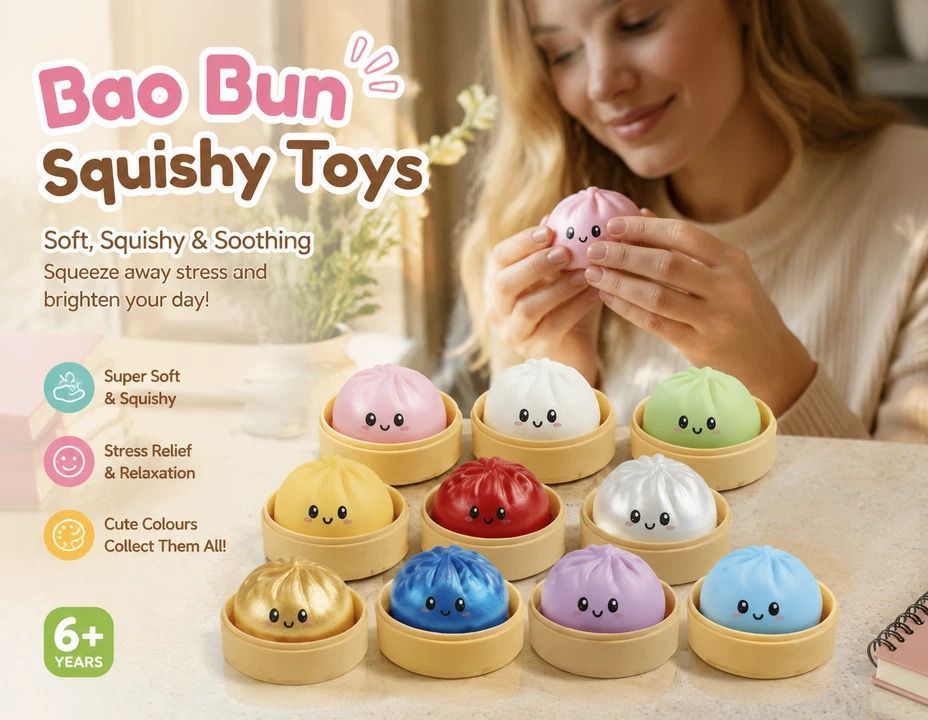 Stress Relief 6-Colour Solid Mix Bun Squishy 6 Pack, All-in-One Birthday Kit - Image 2