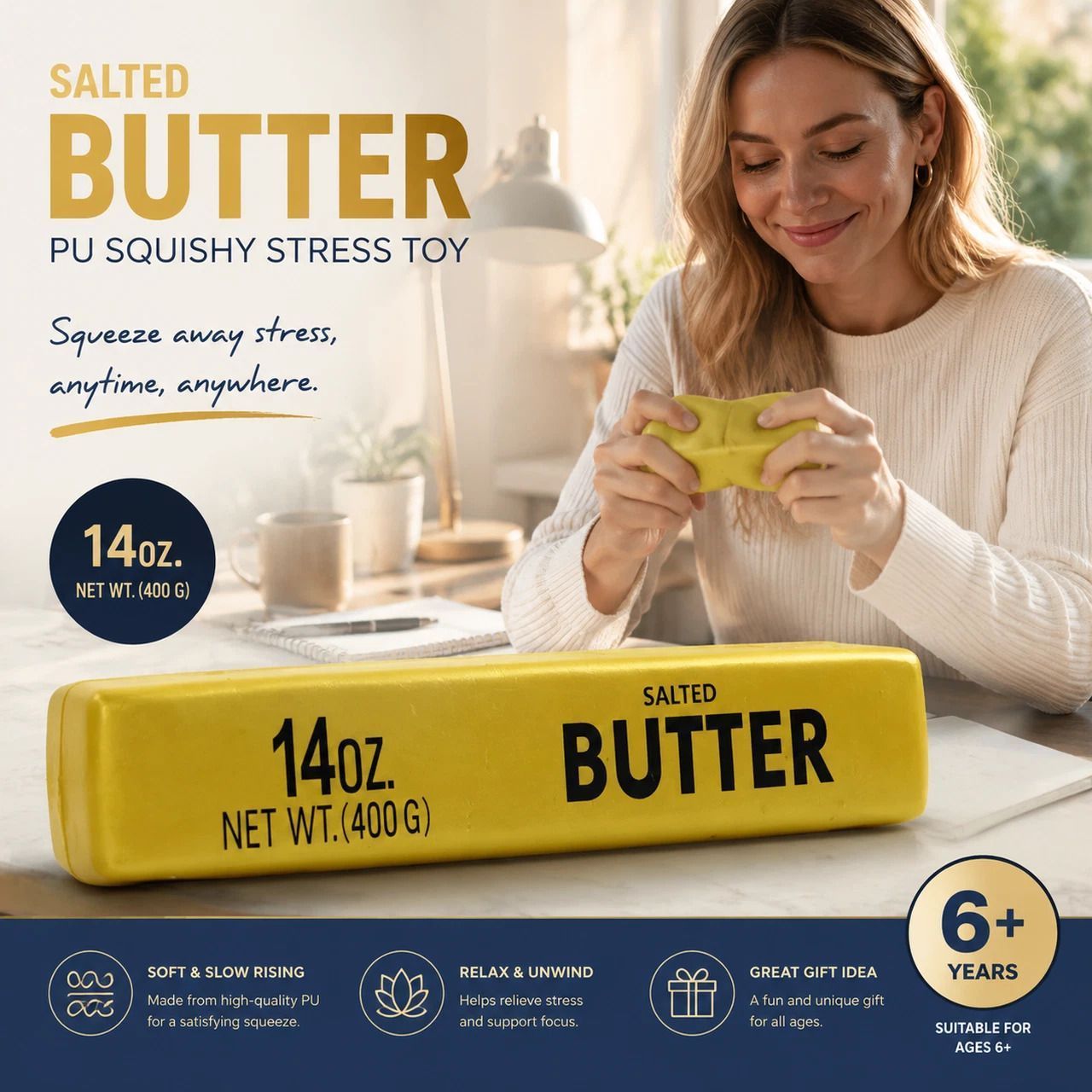 Ultra Soft Slow Rebound Stress Relief Toy, Golden Butter Stick 23cm - Image 1
