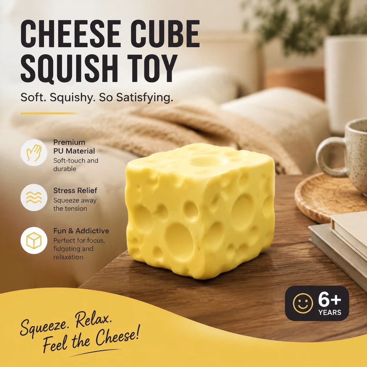 Ultra Soft Slow Rebound Stress Relief Toy, Large Yellow Cheese - Image 1