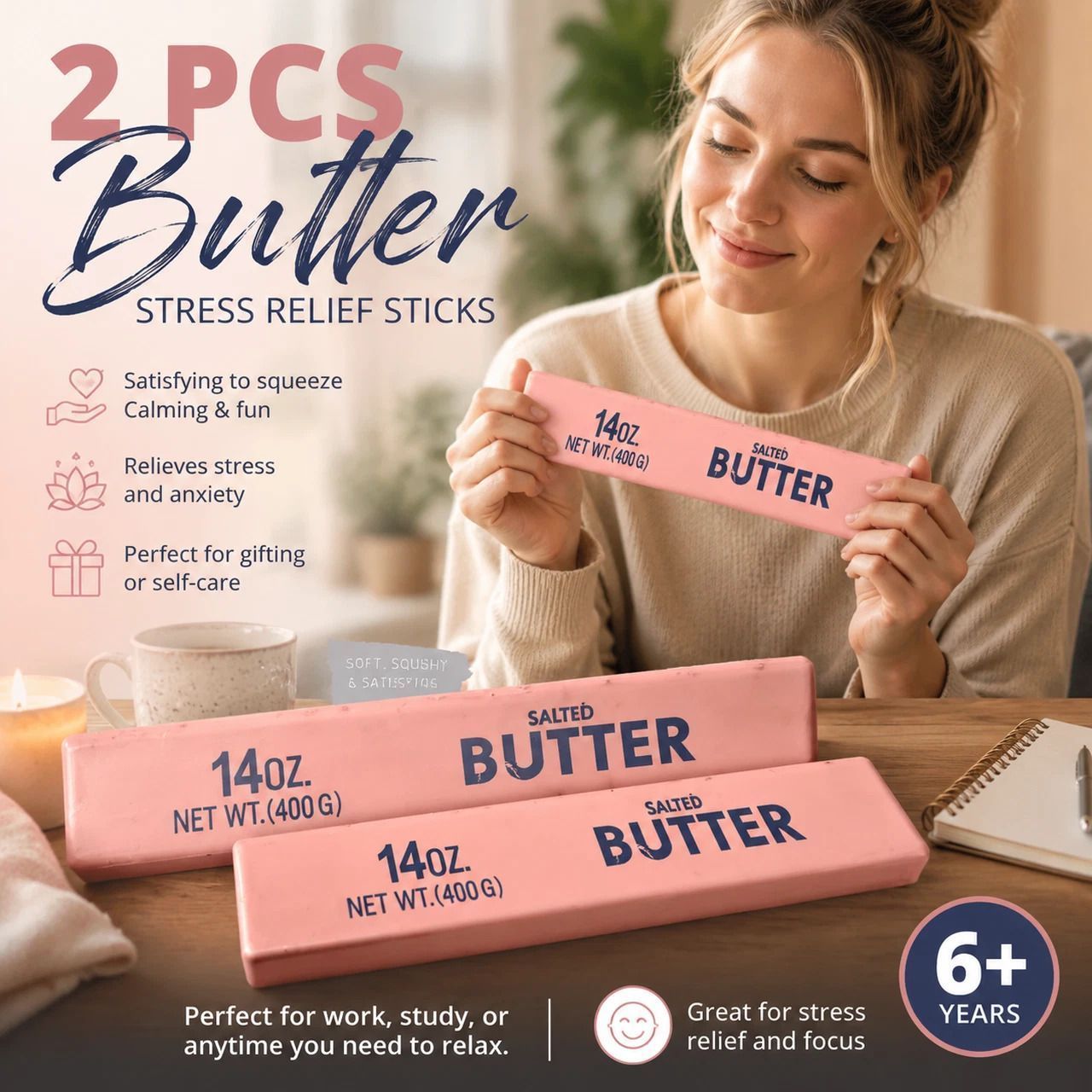 Pink Butter Stick 23cm Stress Relief Toy 2 Pack, Lovely Present - Image 1