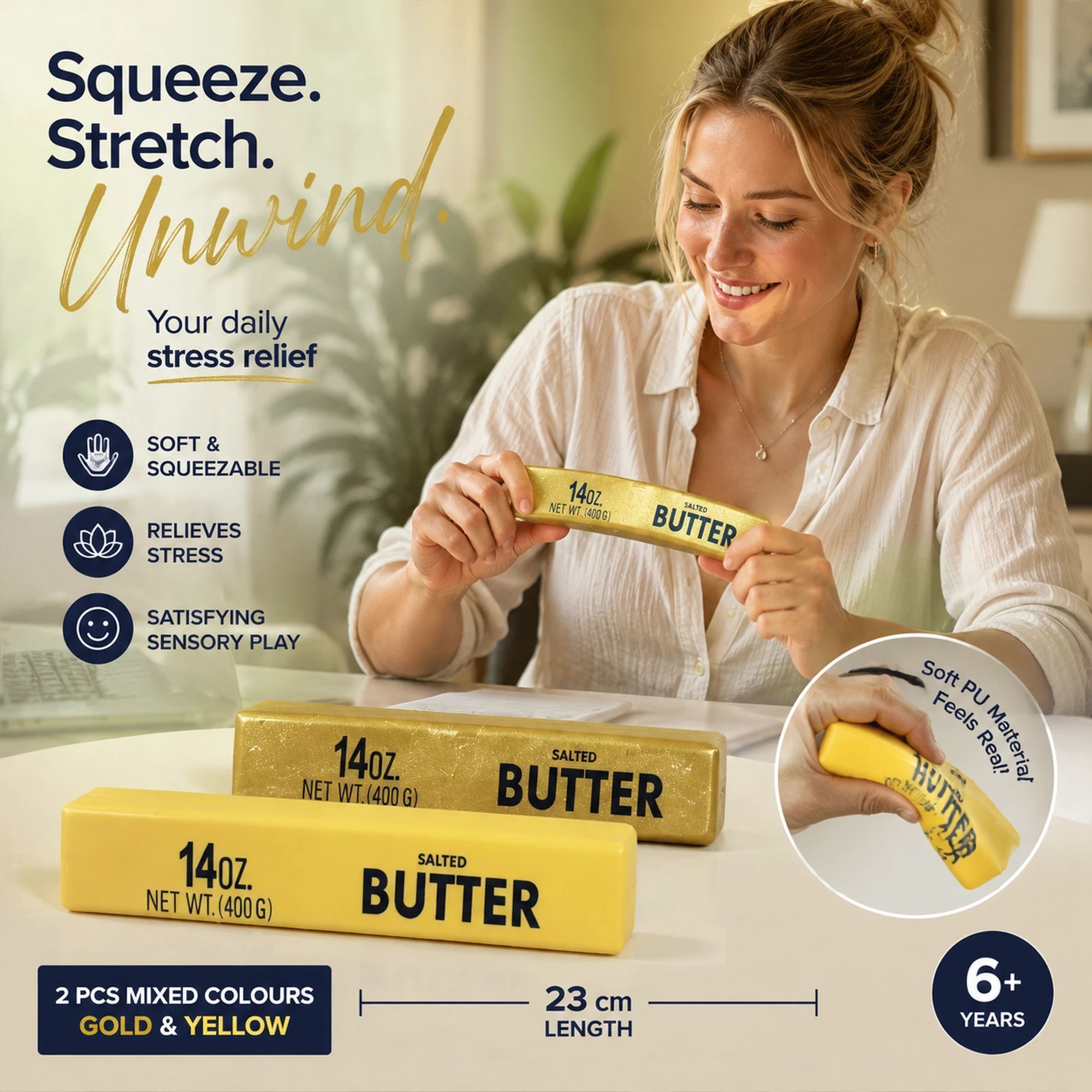 Golden & Yellow Butter Stick 23cm Stress Relief Toy 2 Pack - Image 1