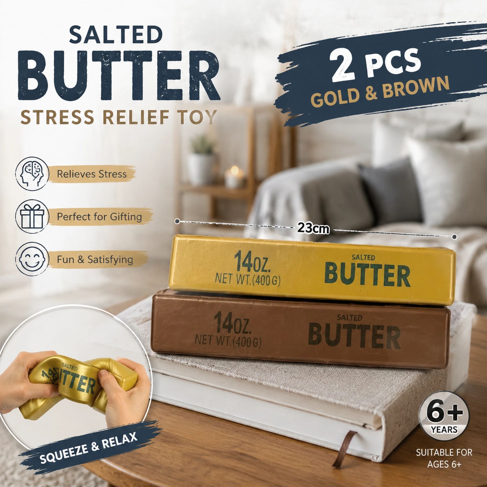 Golden & Coffee Butter Stick 23cm Stress Relief Toy 2 Pack - Image 1