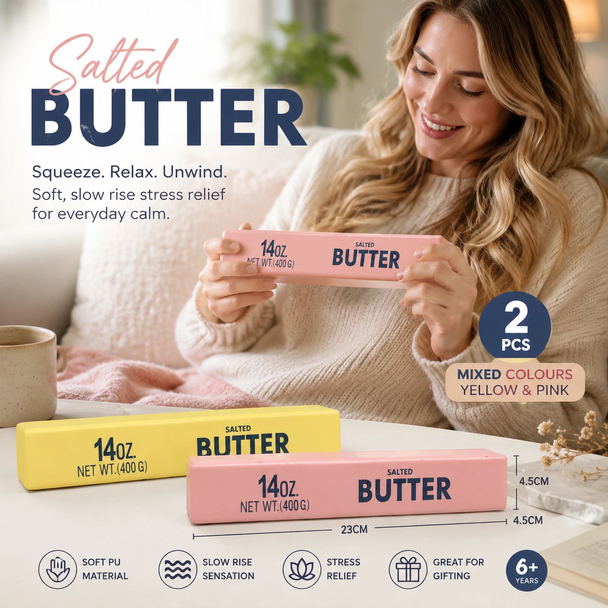 Yellow & Pink Butter Stick 23cm Stress Relief Toy 2 Pack - Image 1
