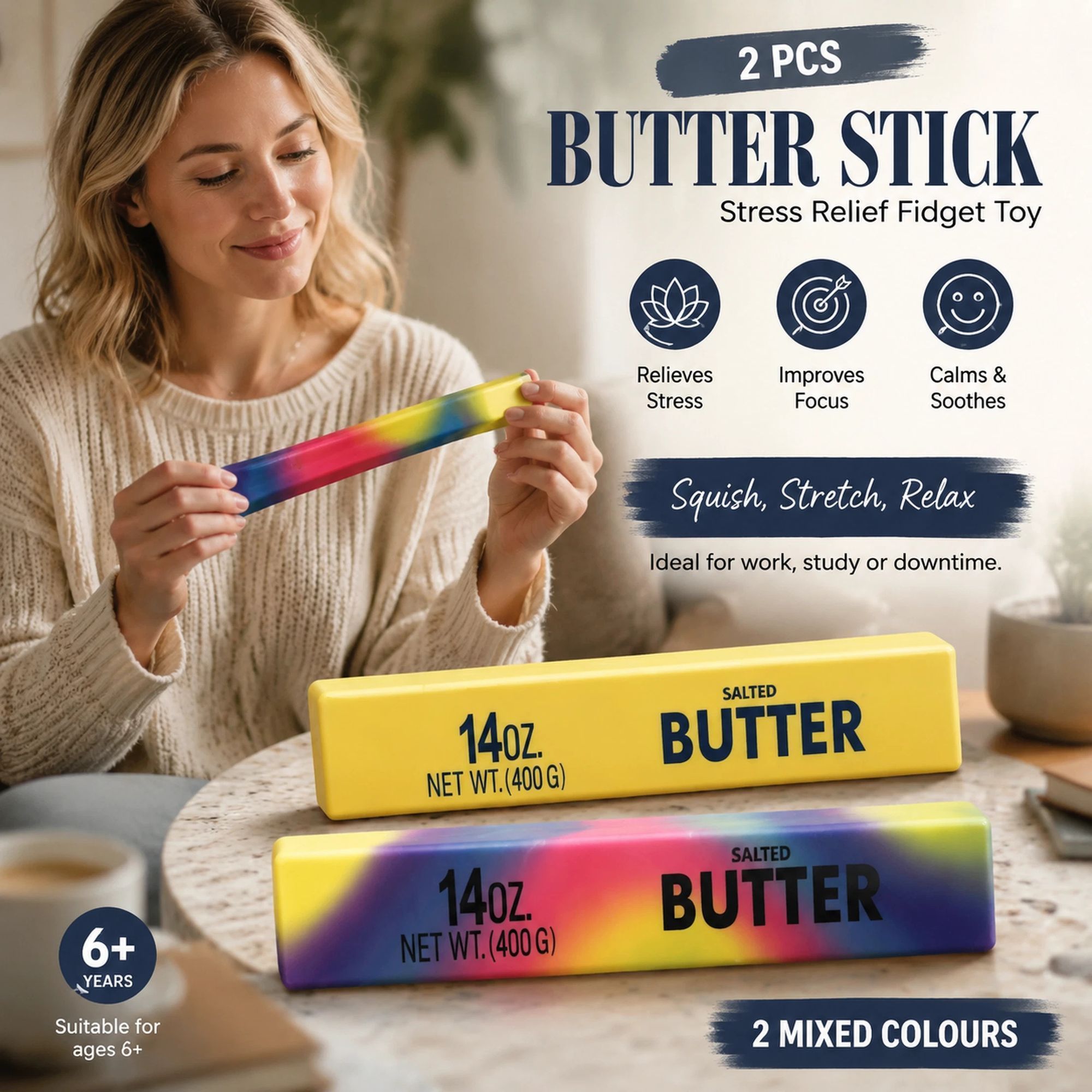 Yellow & Iridescent Butter Stick 23cm Stress Relief Toy 2 Pack - Image 1