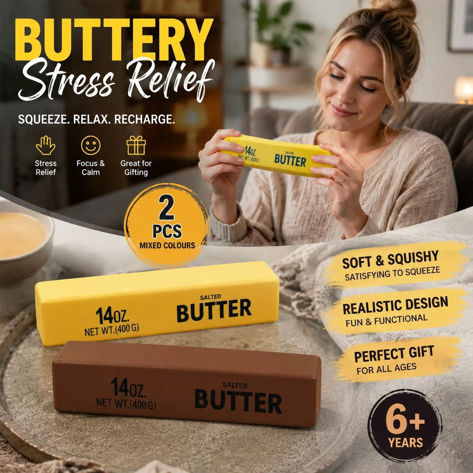 Yellow & Coffee Butter Stick 23cm Stress Relief Toy 2 Pack - Image 1