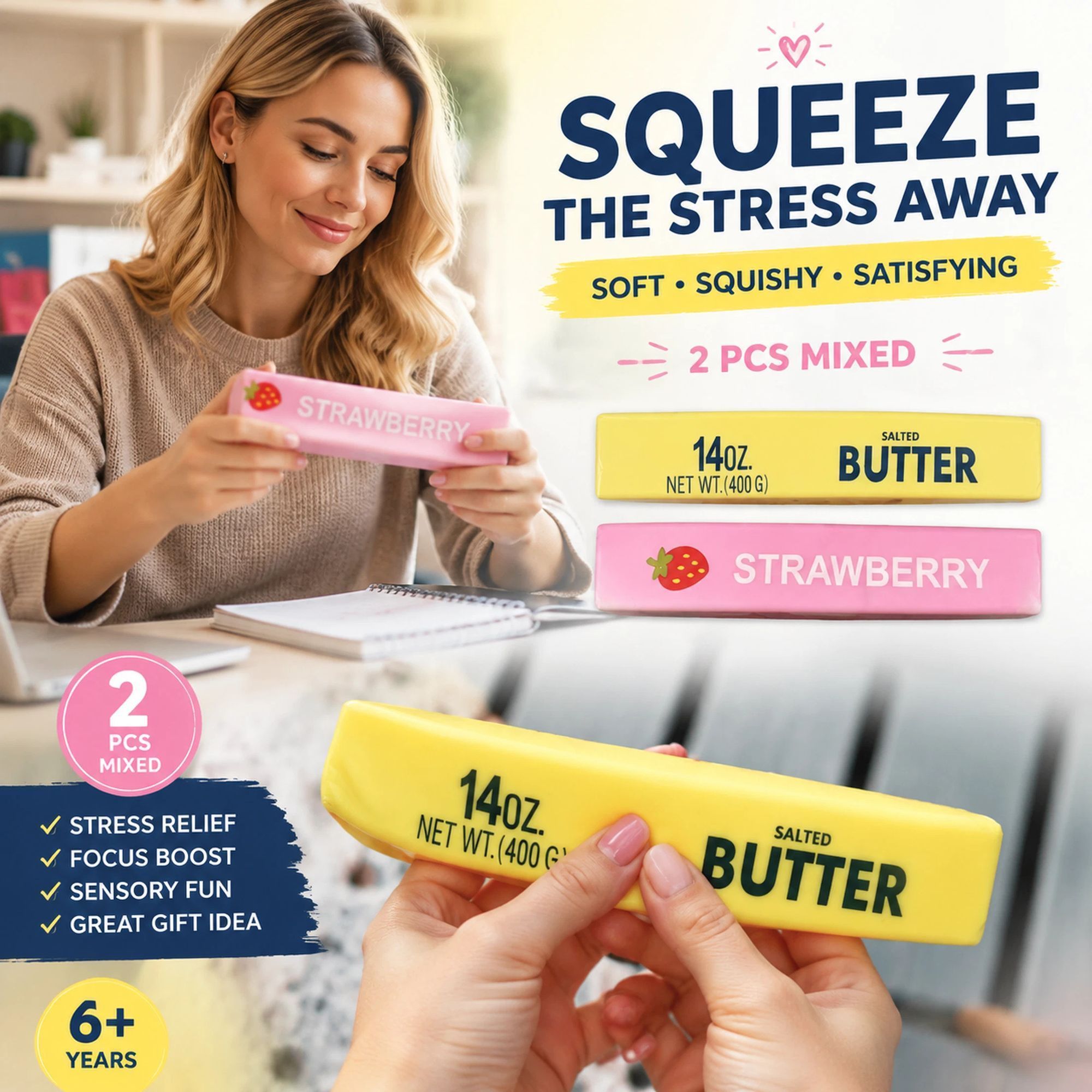 Yellow & Strawberry Butter Stick 23cm Stress Relief Toy 2 Pack - Image 1