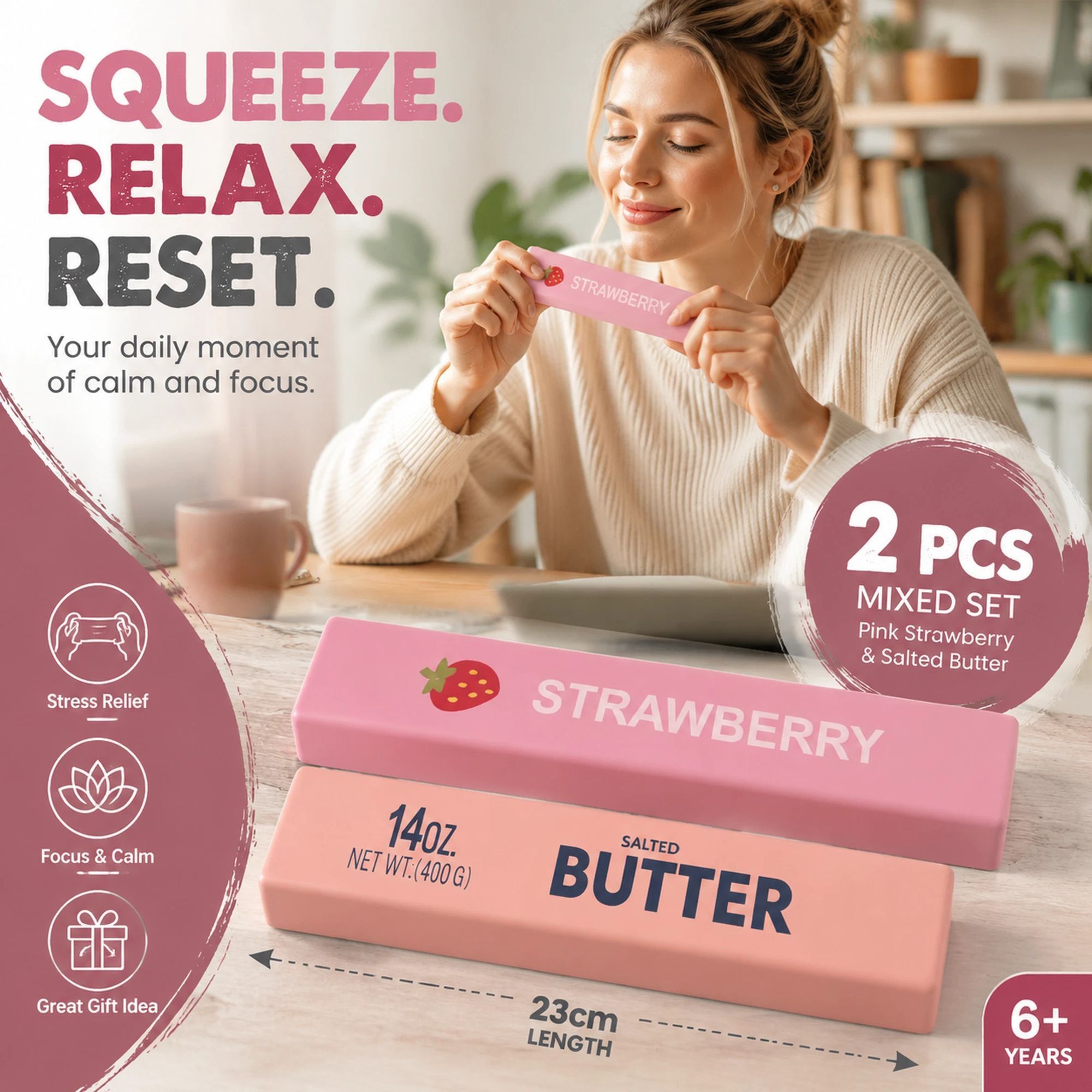 Pink & Strawberry Butter Stick 23cm Stress Relief Toy 2 Pack - Image 1