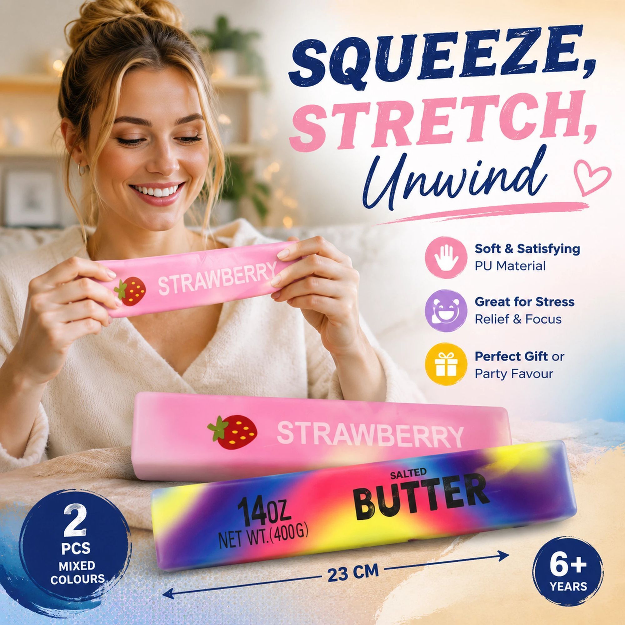Iridescent & Strawberry Butter Stick 23cm Stress Relief Toy 2 Pack - Image 1
