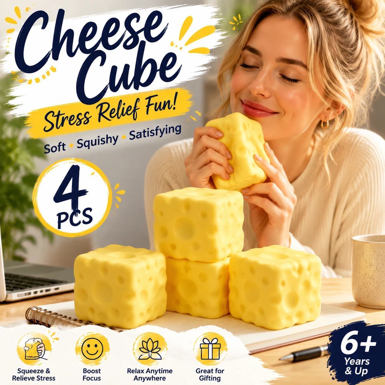 Large Yellow Cheese Stress Relief Toy 4 Pack - Image 1