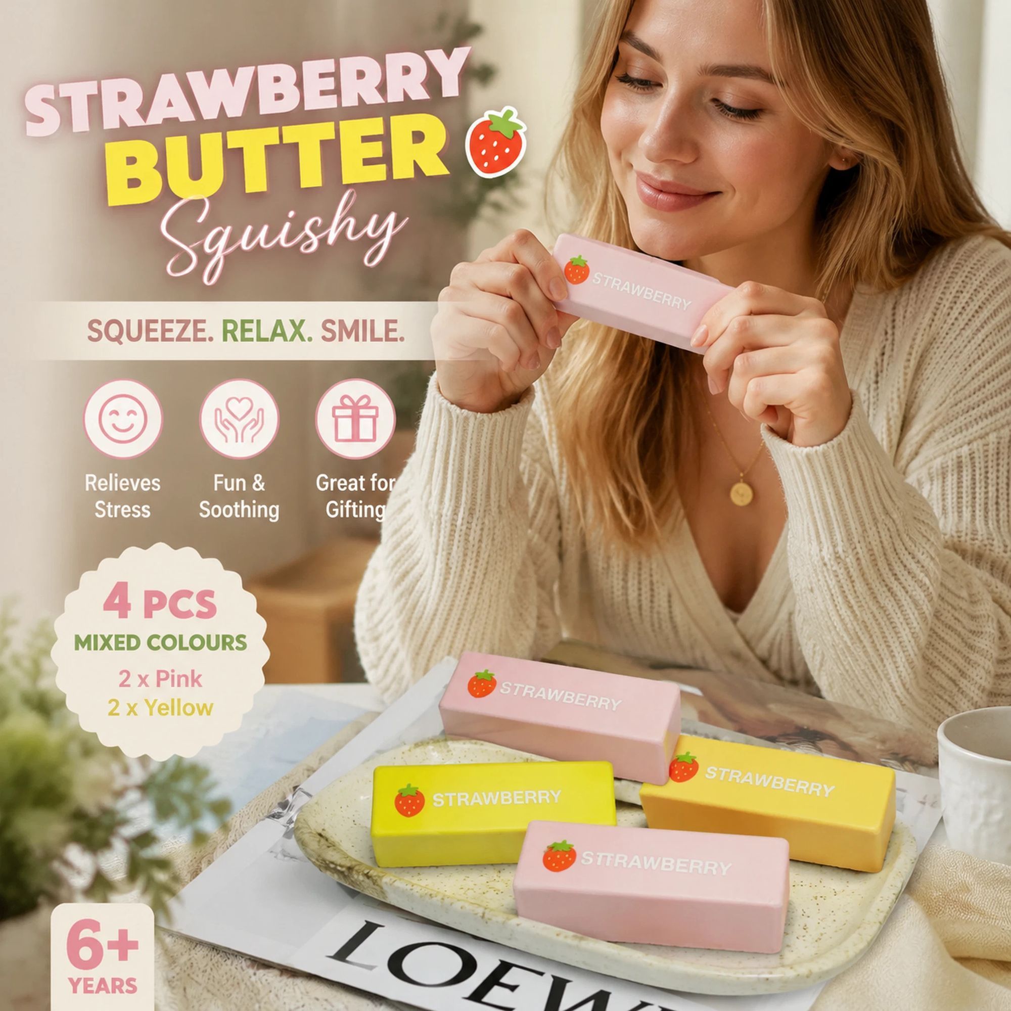 Pink Strawberry Stick + Mini Butter Stick Stress Relief Toy 4 Pack - Image 1