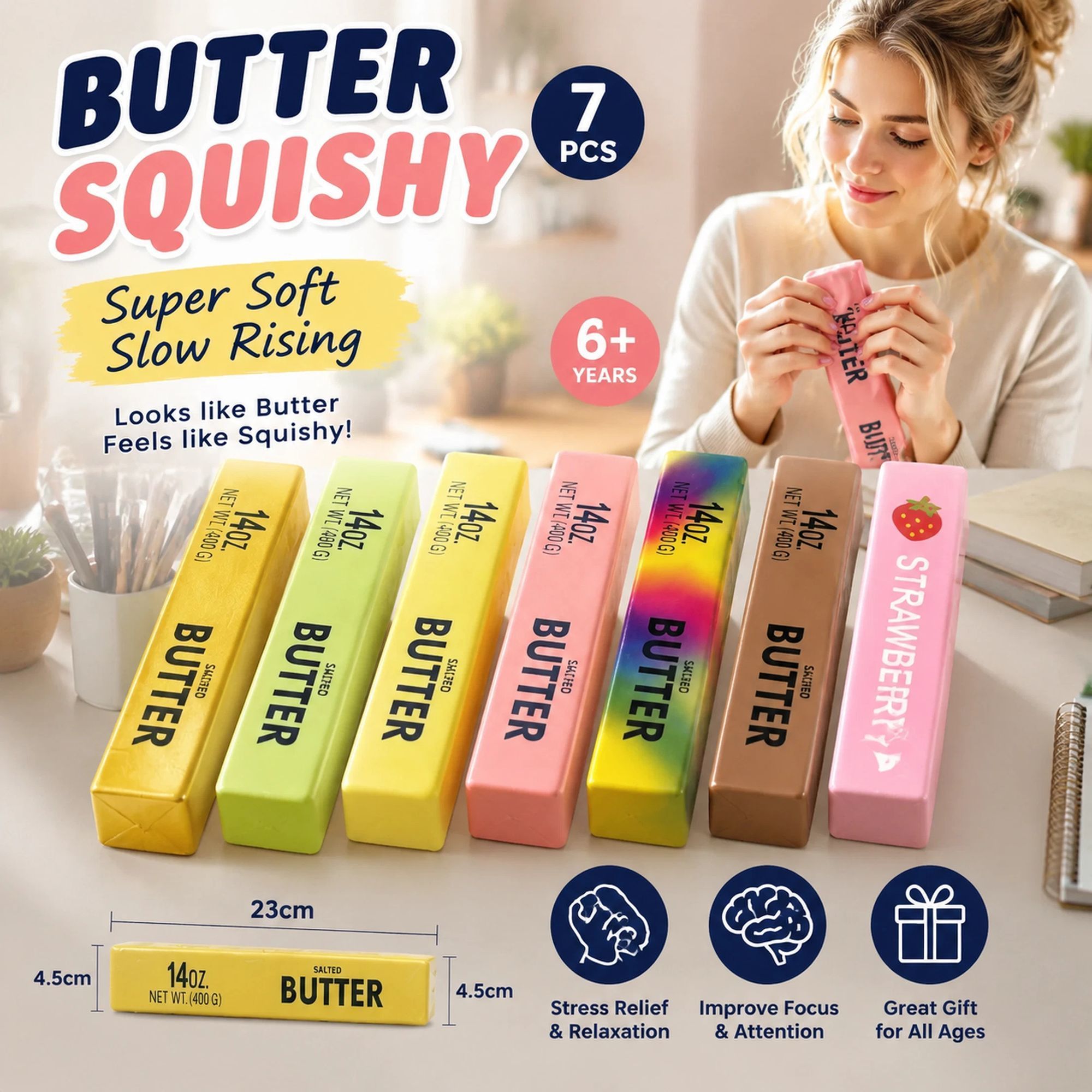Ultra Soft Slow Rebound Stress Relief Toy, 24cm Large Butter Stick 7-Colour Mix 7 Pack, Nice Gift - Image 1